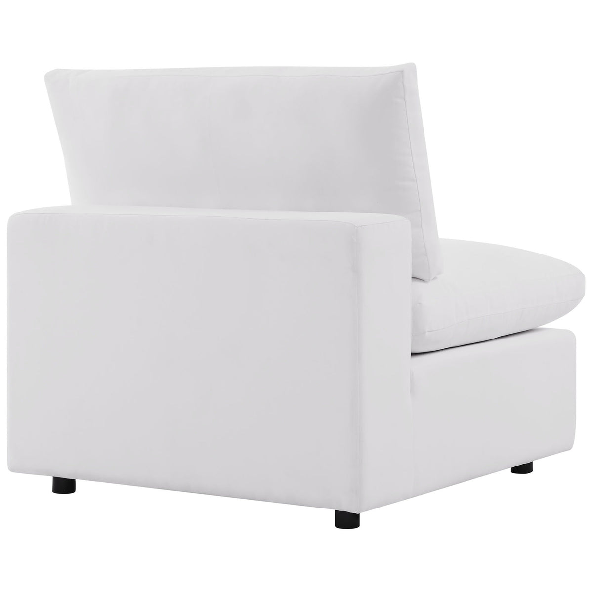 White Commix armless chair with streamlined back panel and crisp tailoring for a modern outdoor look. || EEI-5589-WHI || back_angle_partial_studio