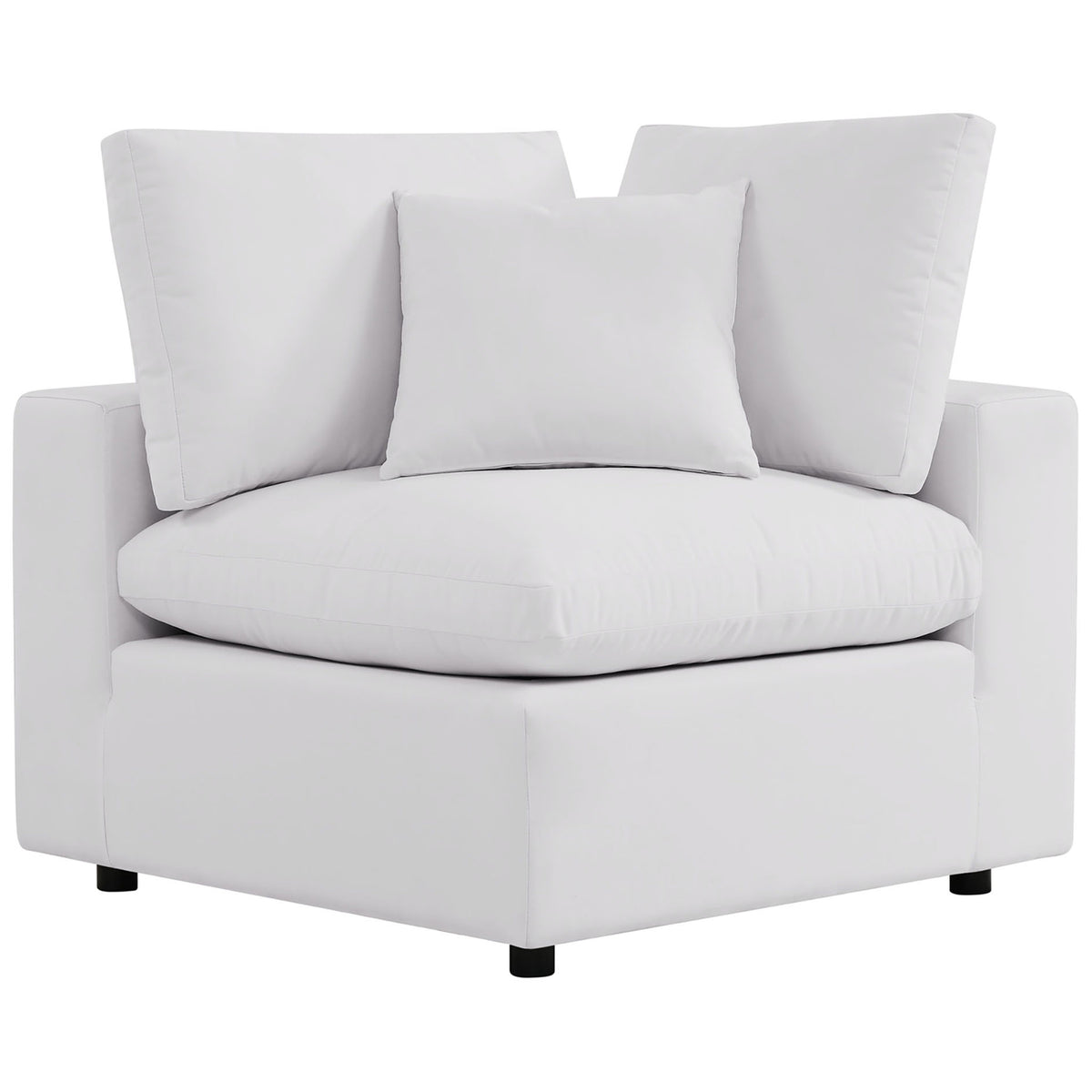 White Commix corner chair with plush wraparound cushions that create a cozy corner lounge spot. || EEI-5589-WHI || front_angle_partial_studio