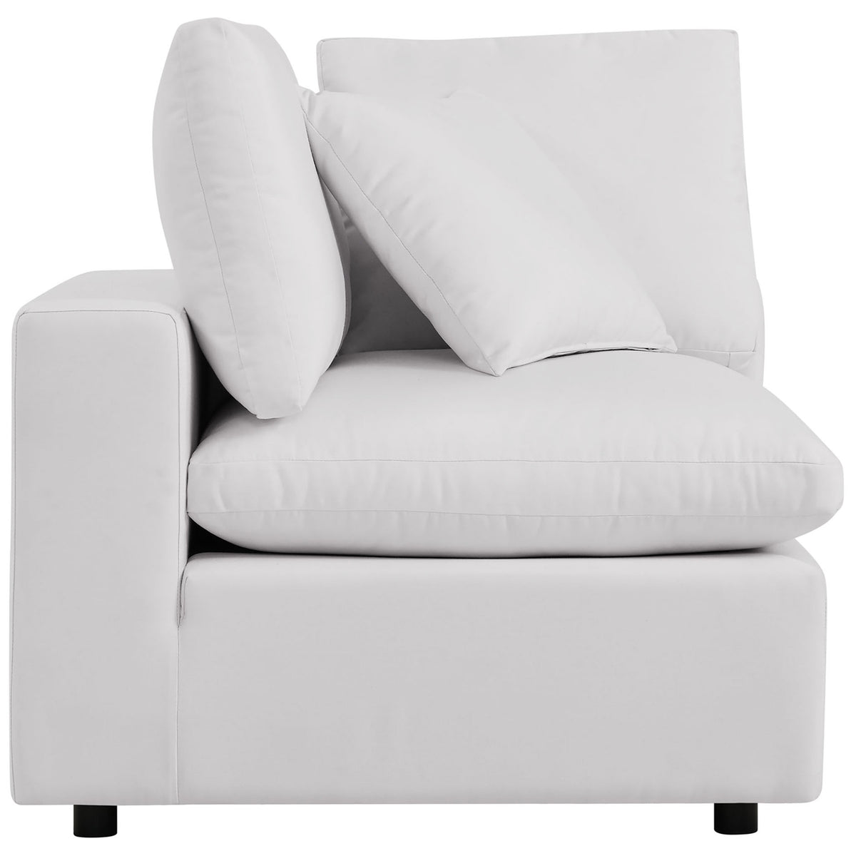 White Commix corner chair highlighting its broad track arm, deep cushioning, and inviting sink-in feel. || EEI-5589-WHI || side_partial_studio
