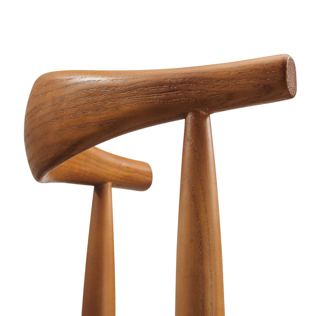 Rich wood grain highlights the backrest's graceful curve and smooth, rounded end.