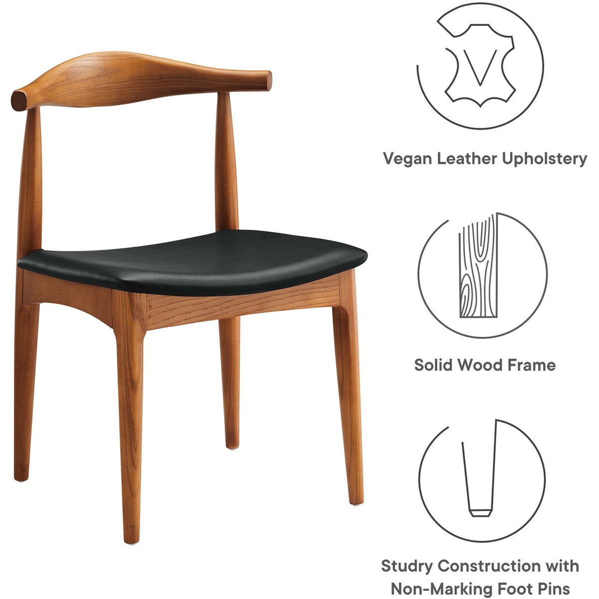 Vegan leather upholstery and a solid wood frame pair with non-marking foot pins.