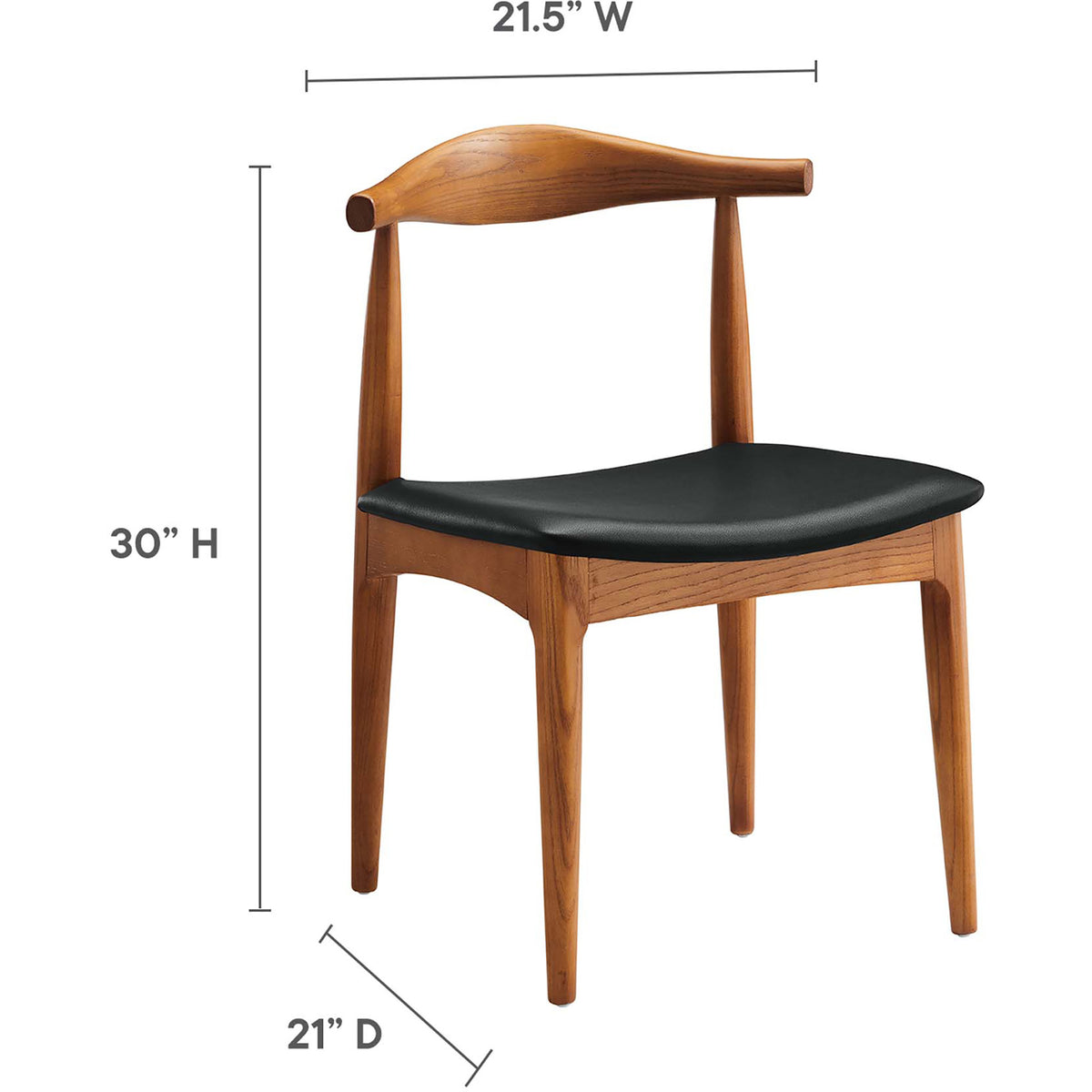 The wood dining chair measures 21.5 inches wide, 21 inches deep, and 30 inches high.