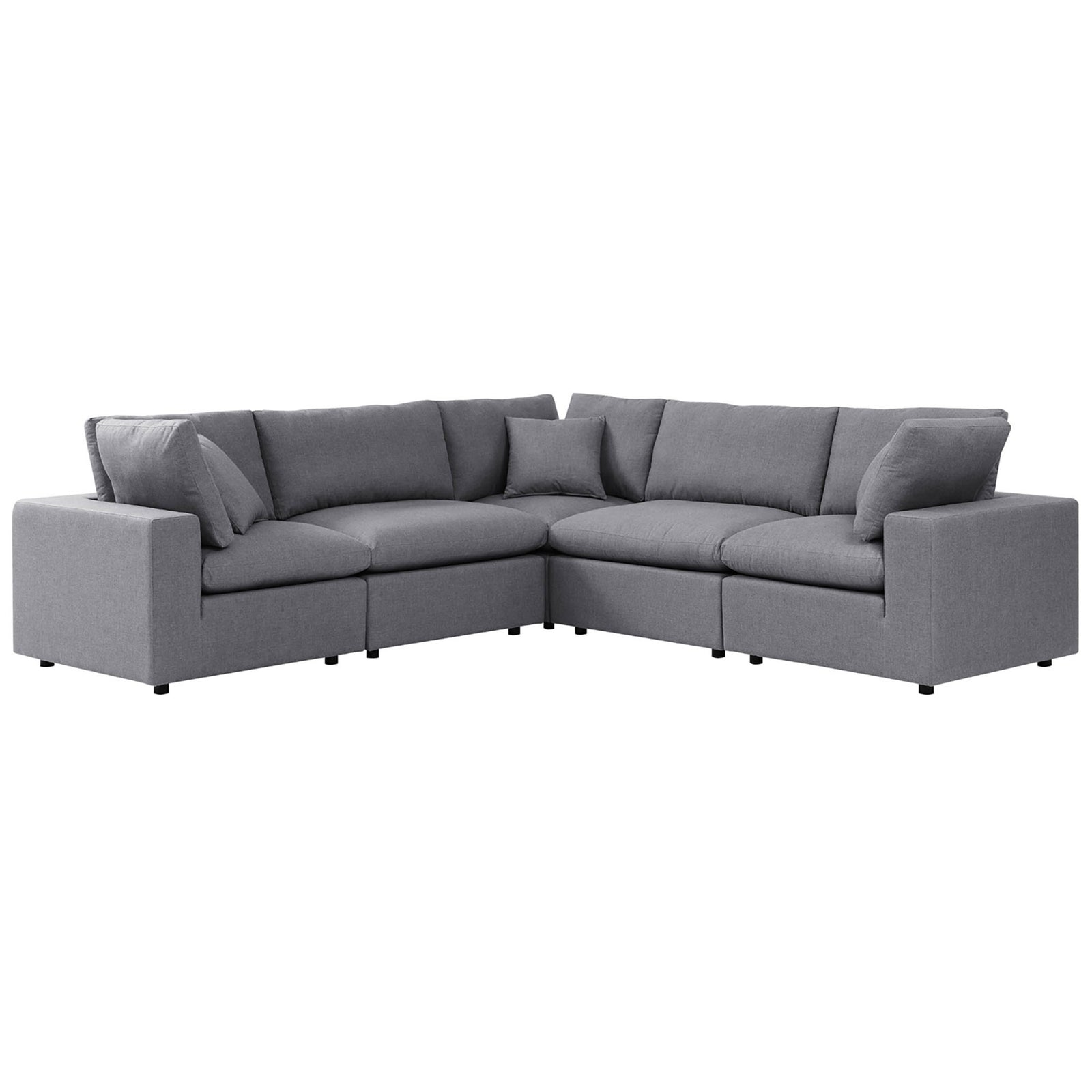 Gray Commix Sunbrella outdoor sectional with deep modular seats and generous L-shaped lounging space. || EEI-5590-SLA || front_angle_studio