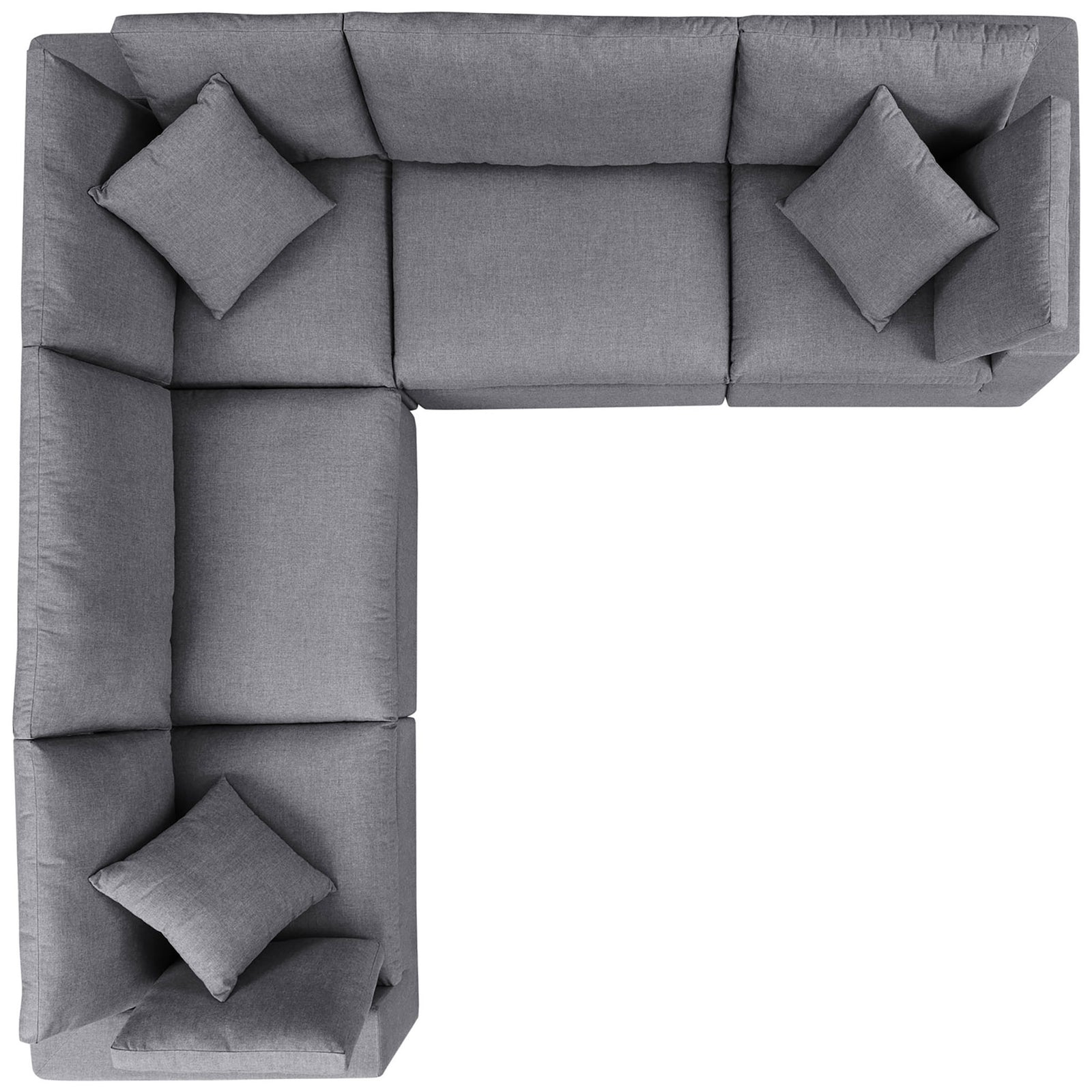 Five-piece gray Commix Sunbrella sectional arranged in an L-shape with thick cushions for laid-back outdoor comfort. || EEI-5590-SLA || top_studio