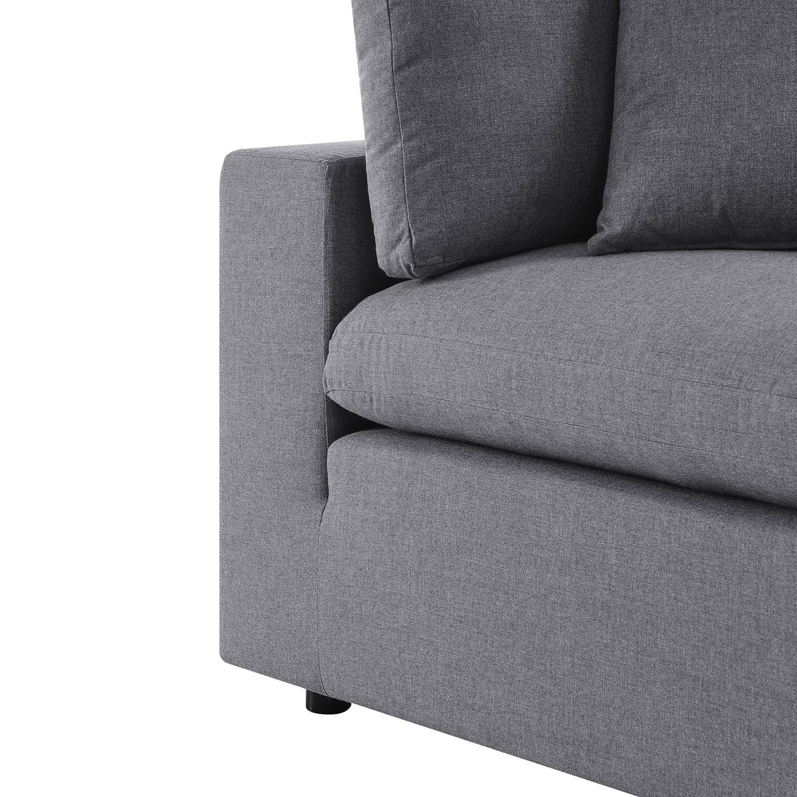 Gray Commix Sunbrella sectional arm showing smooth performance fabric and a plush, lounge-worthy seat cushion. || EEI-5590-SLA || detail_studio