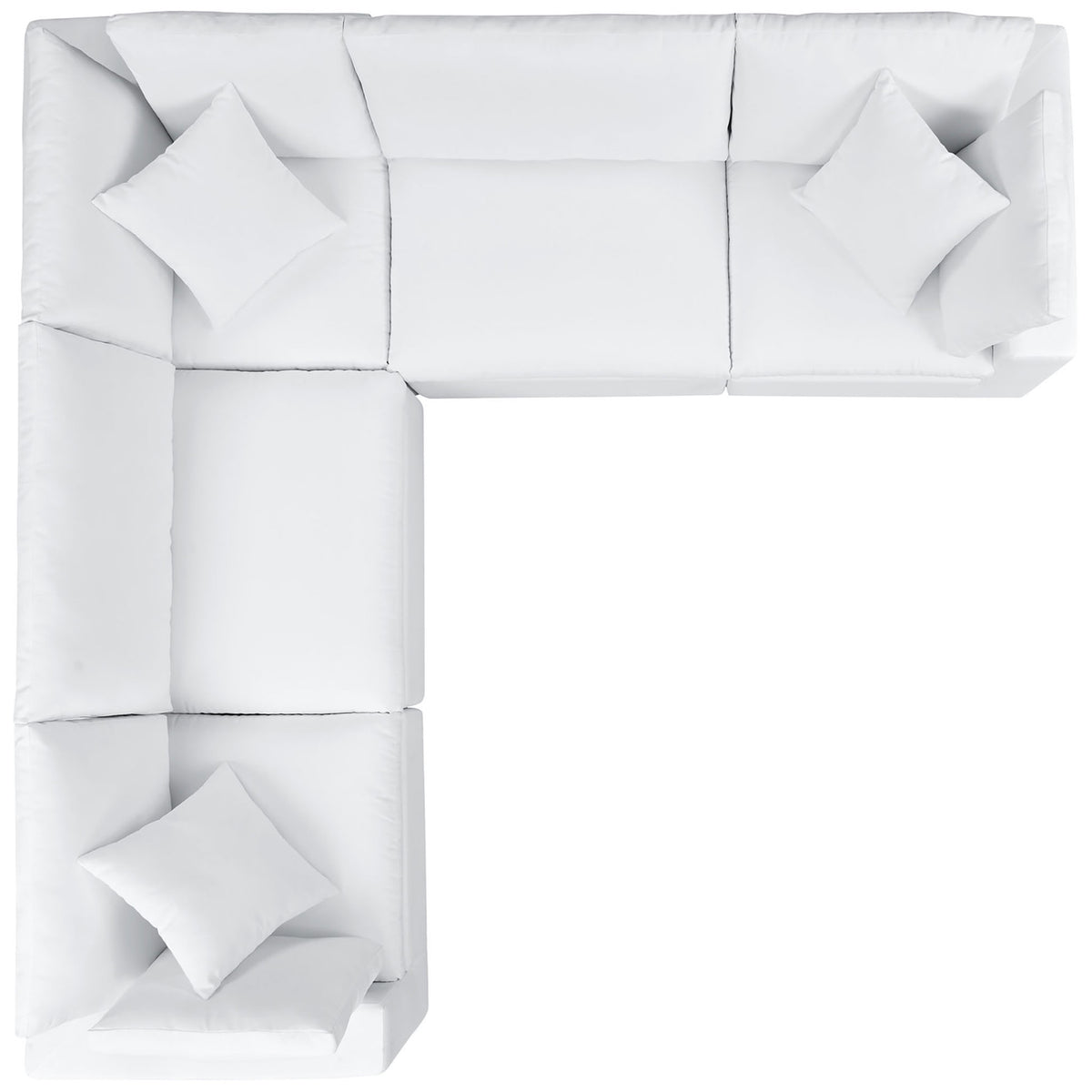Five-piece white Commix Sunbrella sectional arranged in an airy L-shape with generously padded cushions. || EEI-5590-WHI || top_studio