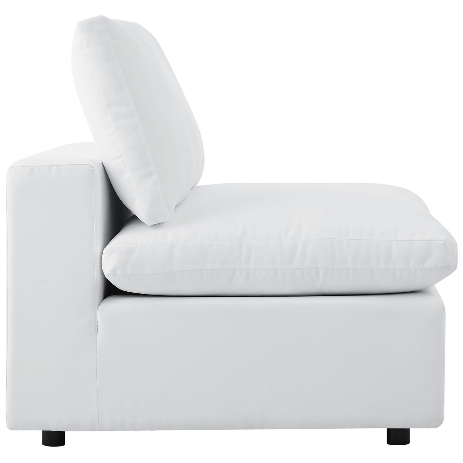 White Commix Sunbrella armless chair highlighting its extra-deep seat and supportive back cushion. || EEI-5590-WHI || side_partial_studio