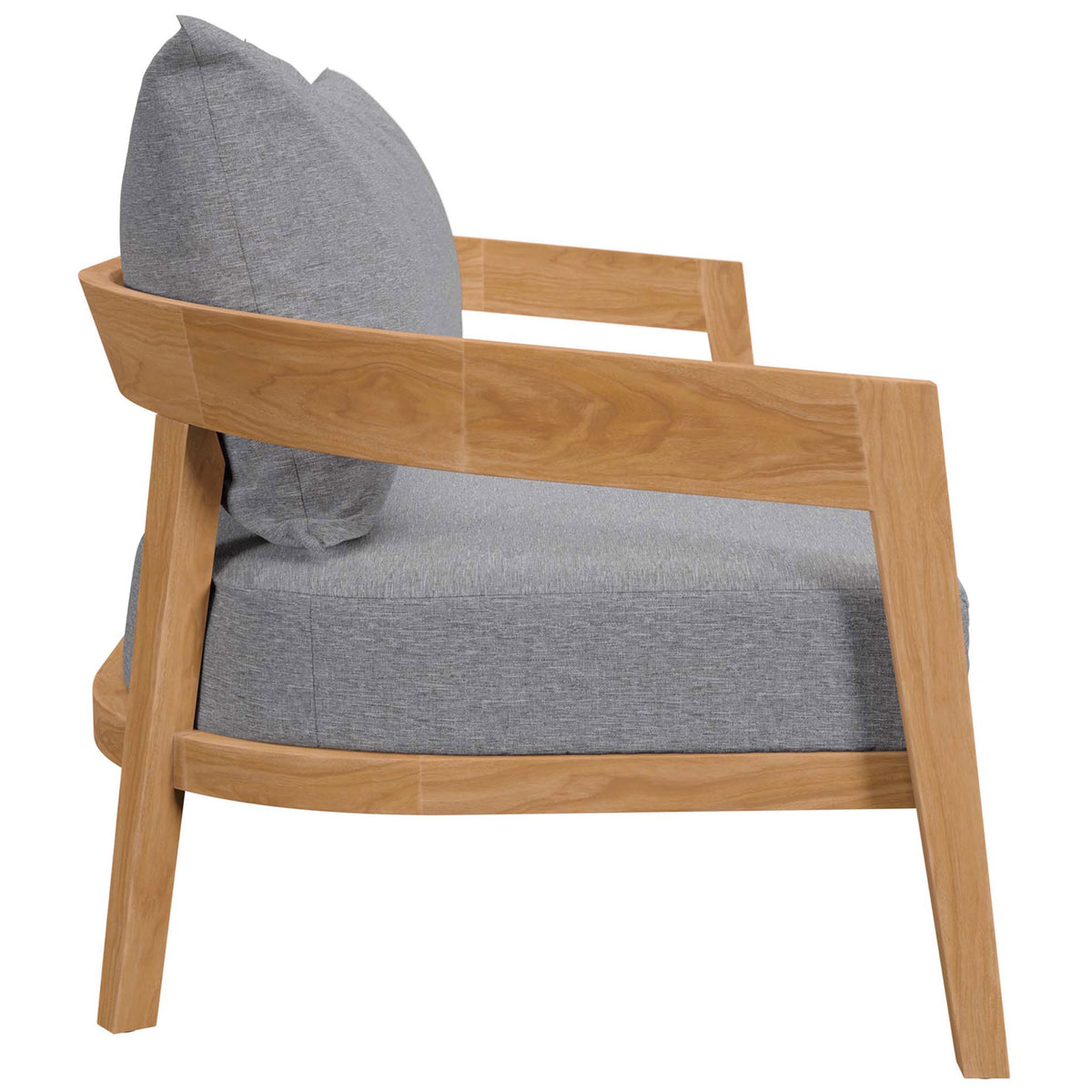 Angled teak arms and deep gray seat cushions highlight this outdoor loveseat comfort || EEI-5601-NAT-GRY || side_studio