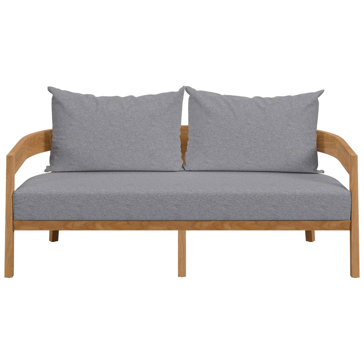 Brisbane teak outdoor loveseat with plush gray cushions for relaxed patio seating || EEI-5601-NAT-GRY || front_studio