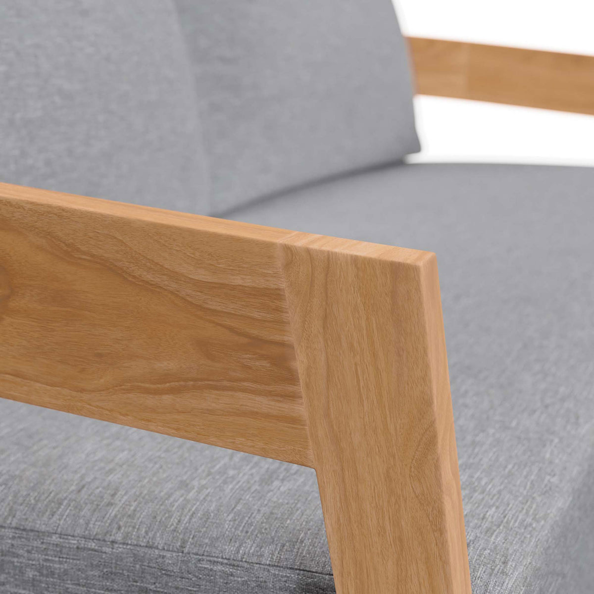 Smooth teak wood grain pairs with soft gray upholstery on the Brisbane loveseat arm || EEI-5601-NAT-GRY || detail_studio