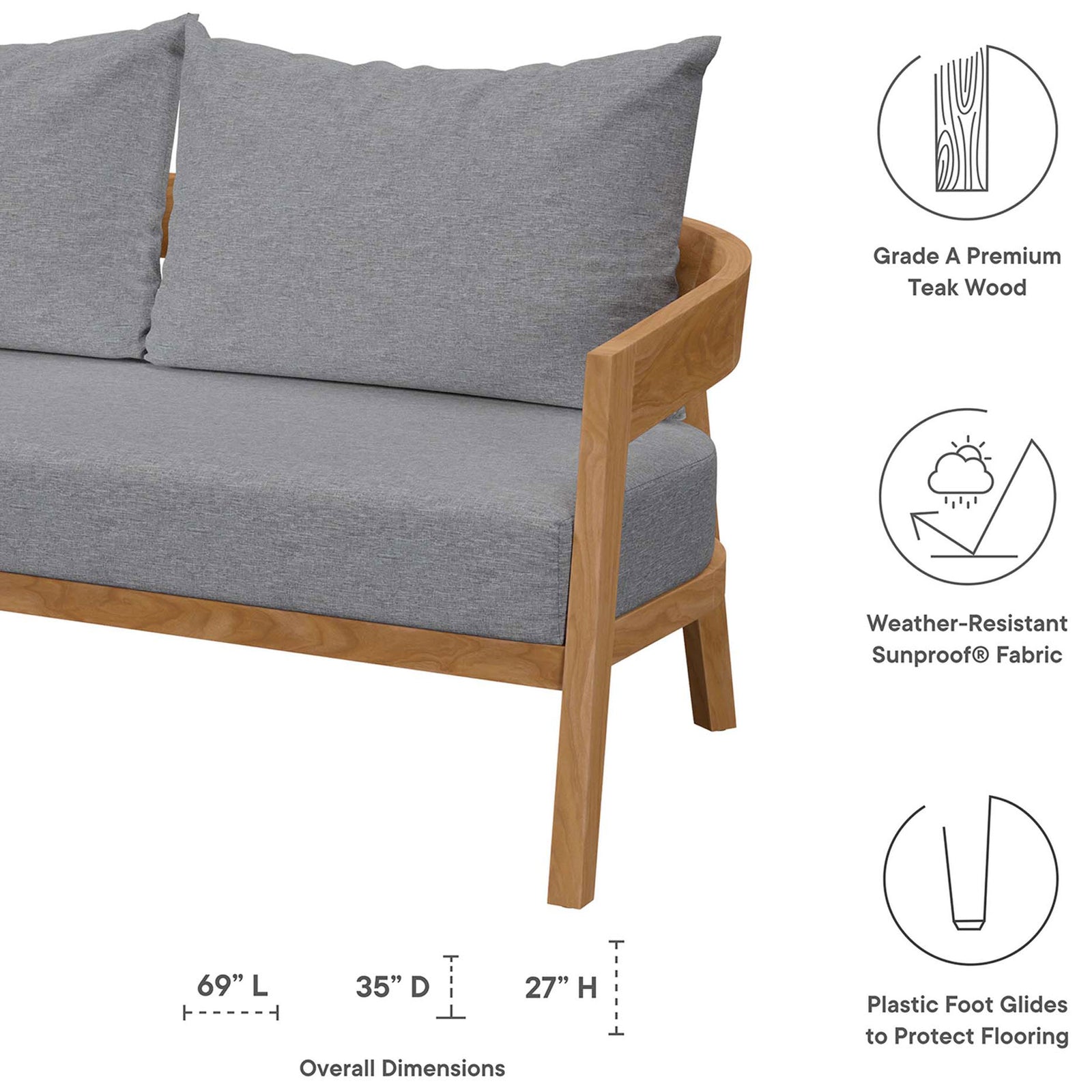 Brisbane teak loveseat dimensions, Sunproof cushions, and protective foot glides are clearly detailed || EEI-5601-NAT-GRY || dimension_studio