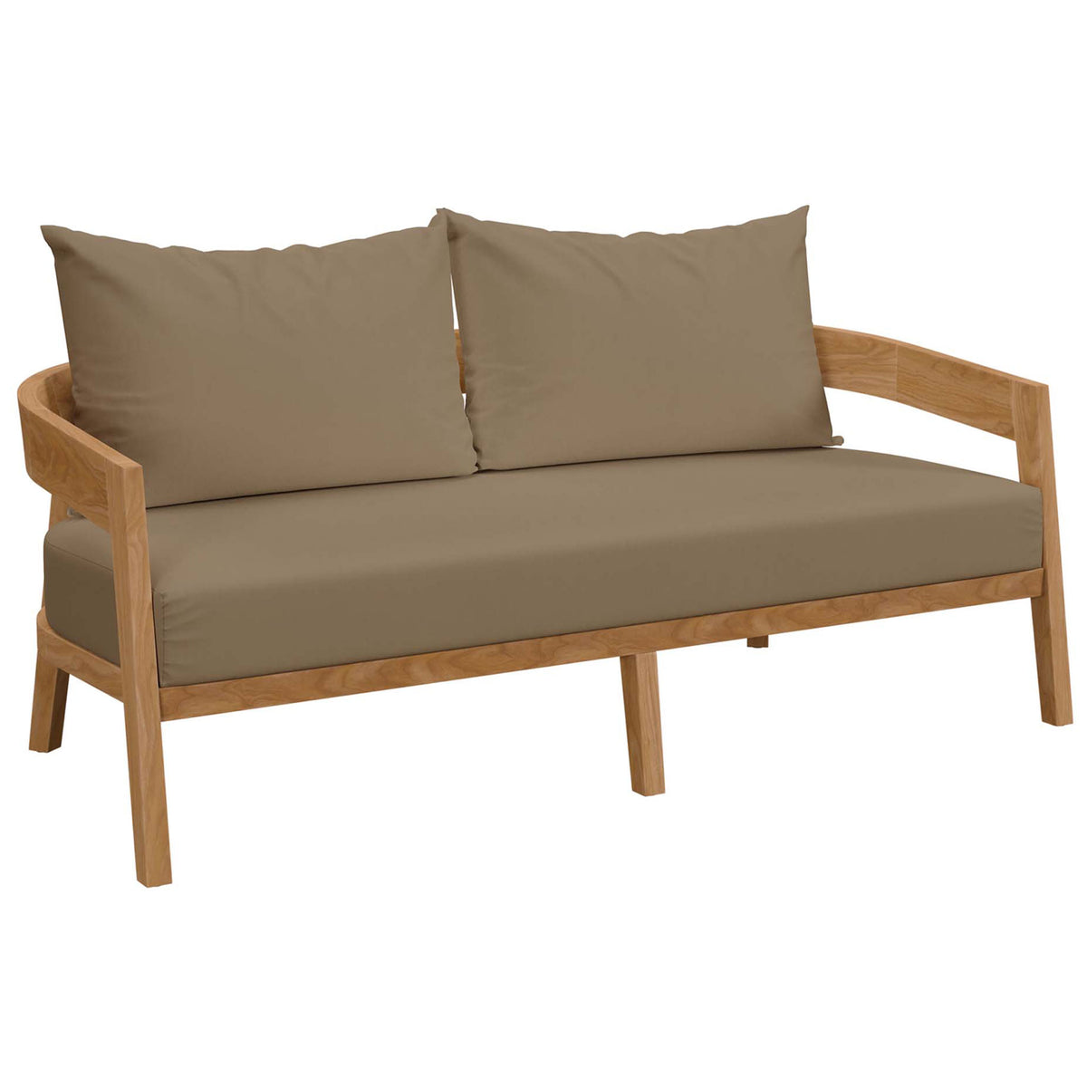 Curved teak frame and smooth light brown cushions bring contemporary charm outdoors || EEI-5601-NAT-LBR || front_angle_studio