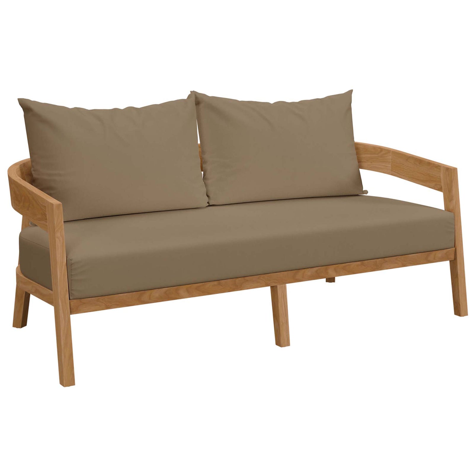 Curved teak frame and smooth light brown cushions bring contemporary charm outdoors || EEI-5601-NAT-LBR || front_angle_studio