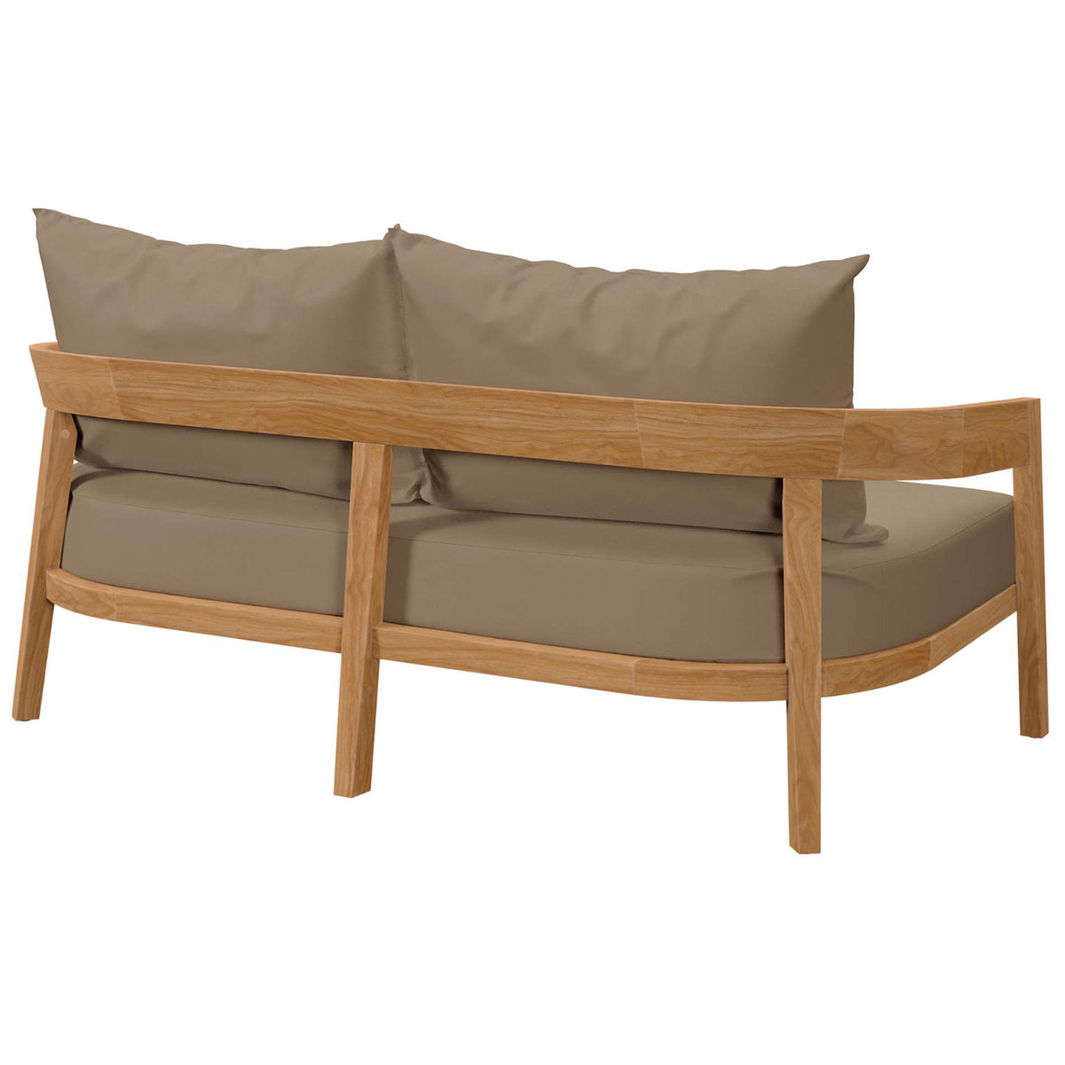 Open teak backrest design and strong legs underline this light brown loveseat durability || EEI-5601-NAT-LBR || back_angle_studio