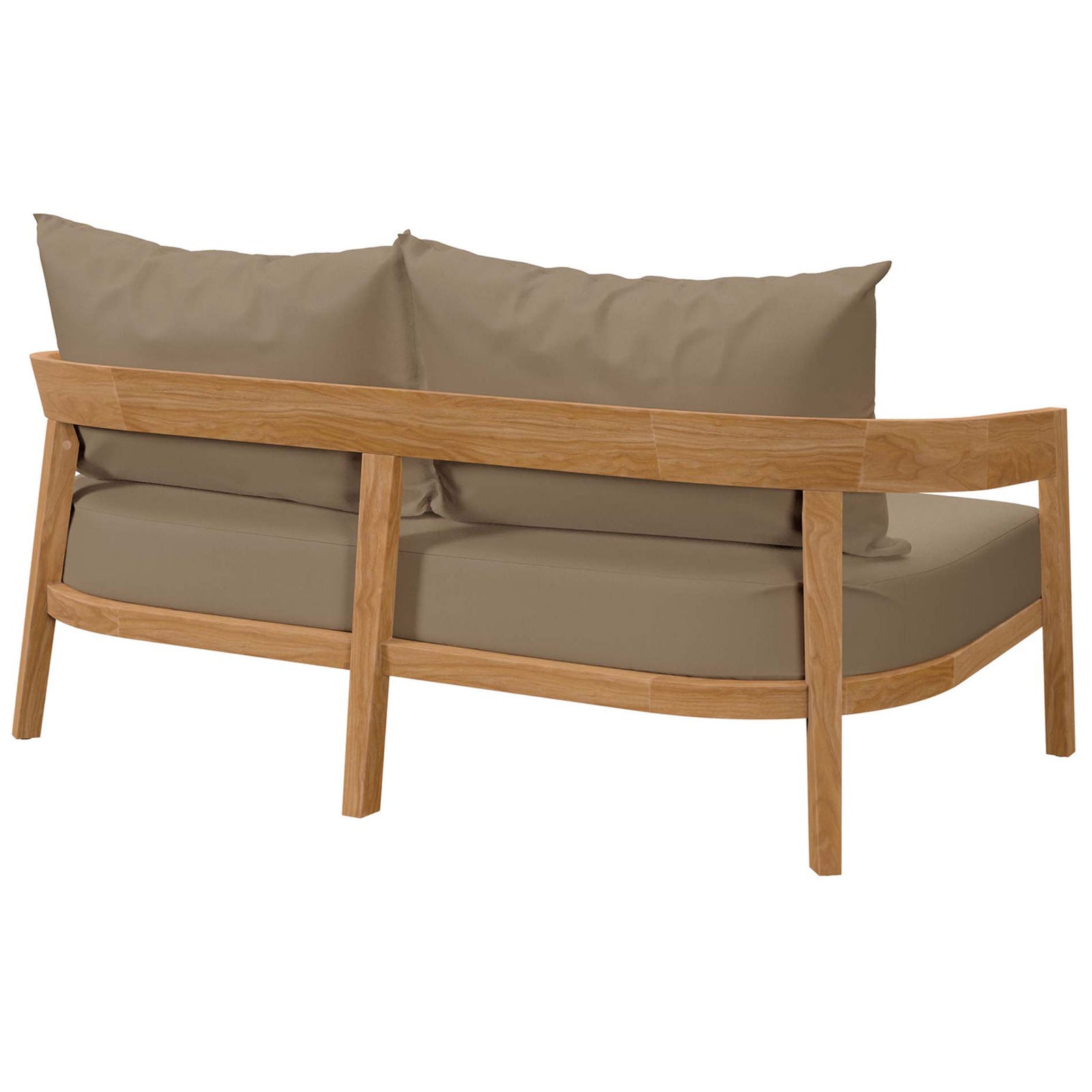 Open teak backrest design and strong legs underline this light brown loveseat durability || EEI-5601-NAT-LBR || back_angle_studio