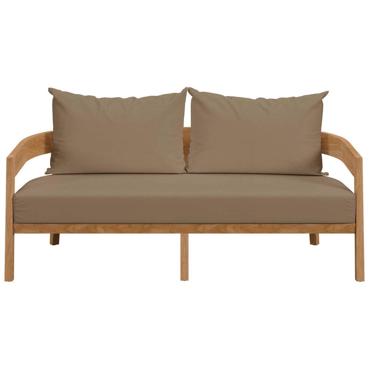 Brisbane teak outdoor loveseat with light brown cushions for warm, versatile patio style || EEI-5601-NAT-LBR || front_studio