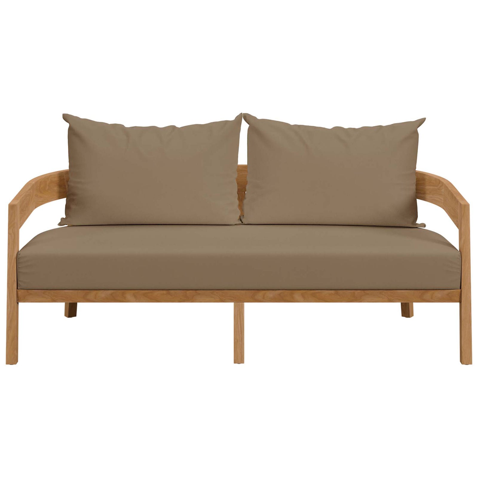 Brisbane teak outdoor loveseat with light brown cushions for warm, versatile patio style || EEI-5601-NAT-LBR || front_studio
