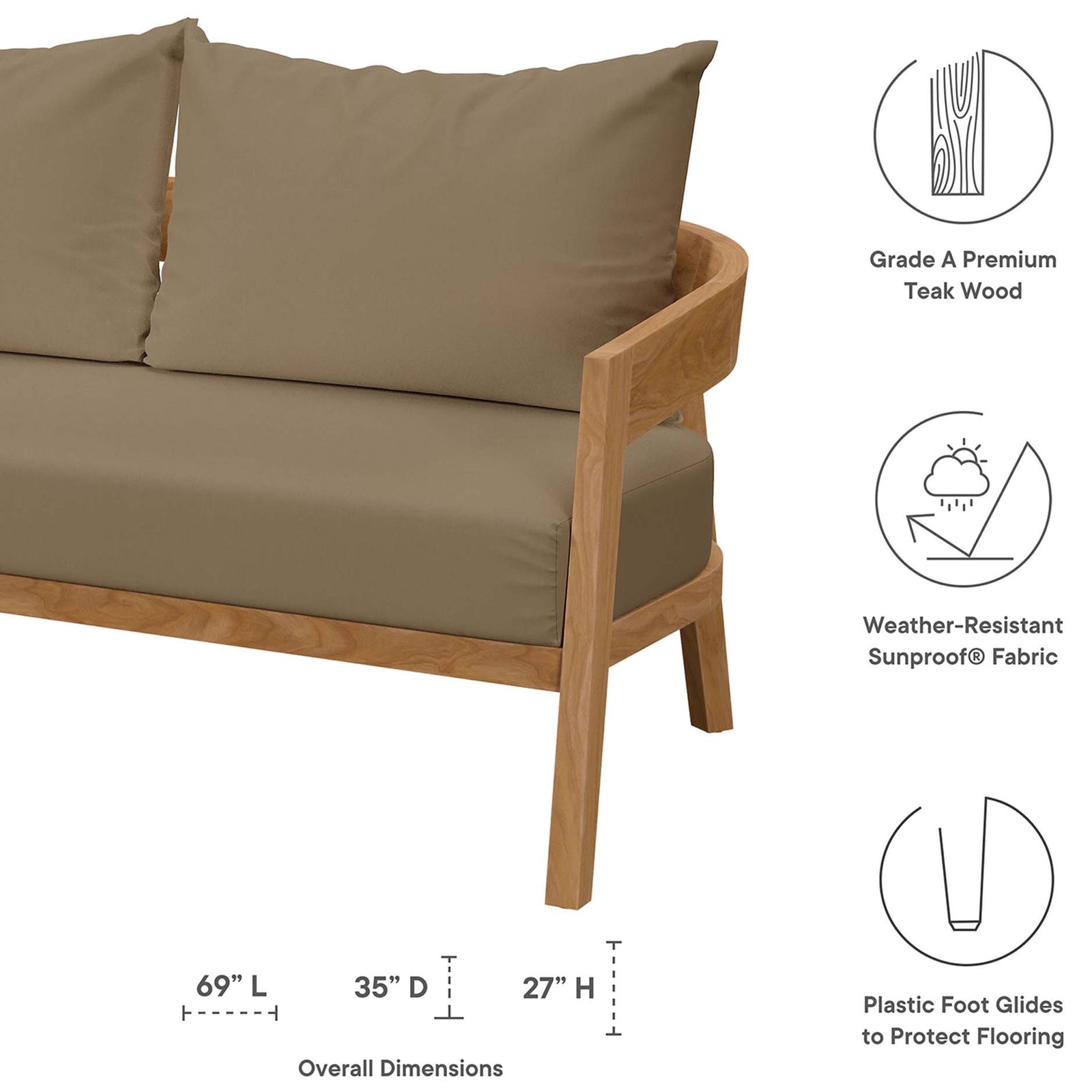 Brisbane teak loveseat sizing, Sunproof cushions, and floor-safe foot glides are called out together || EEI-5601-NAT-LBR || dimension_studio