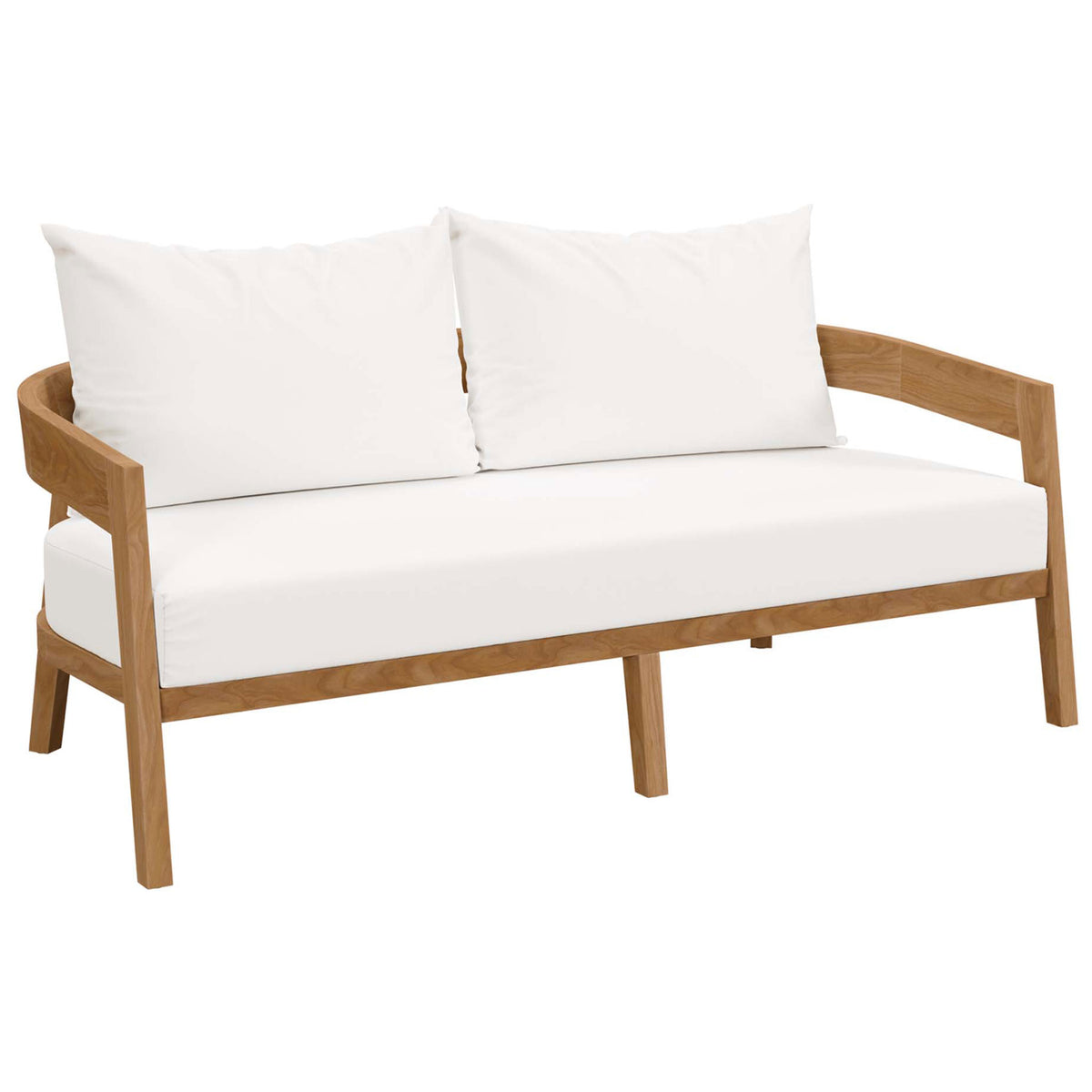 Curved teak frame and plush white cushions give this outdoor loveseat a clean, modern look || EEI-5601-NAT-WHI || front_angle_studio