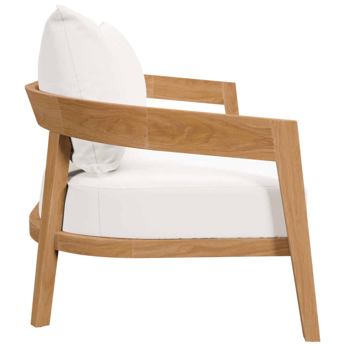 Angled teak arms and thick white seat cushions invite laid-back lounging outdoors || EEI-5601-NAT-WHI || side_studio