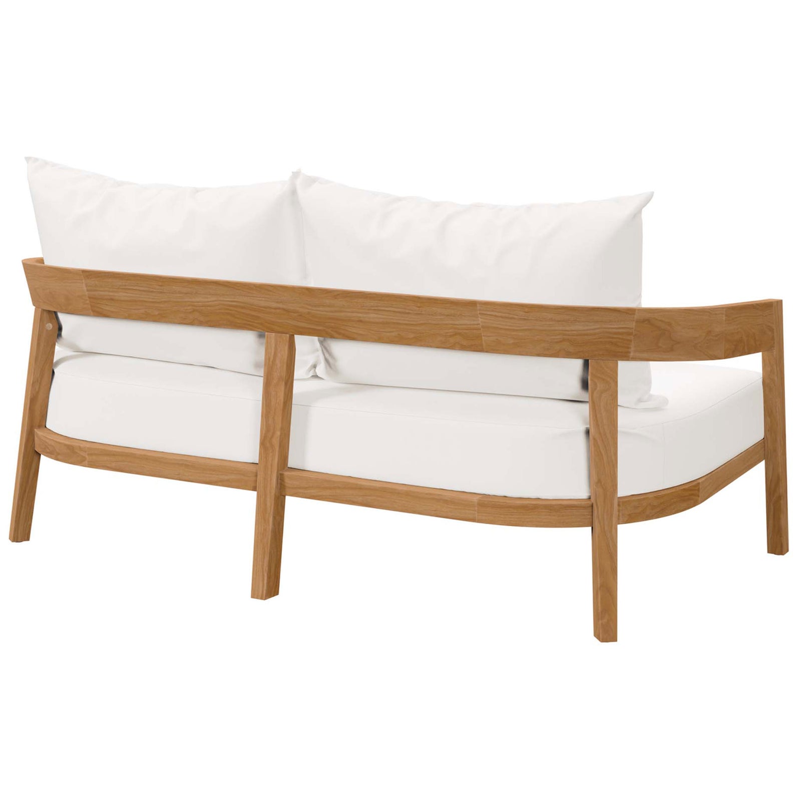 Streamlined teak backrest and sturdy legs highlight the lasting quality of this white loveseat || EEI-5601-NAT-WHI || back_angle_studio