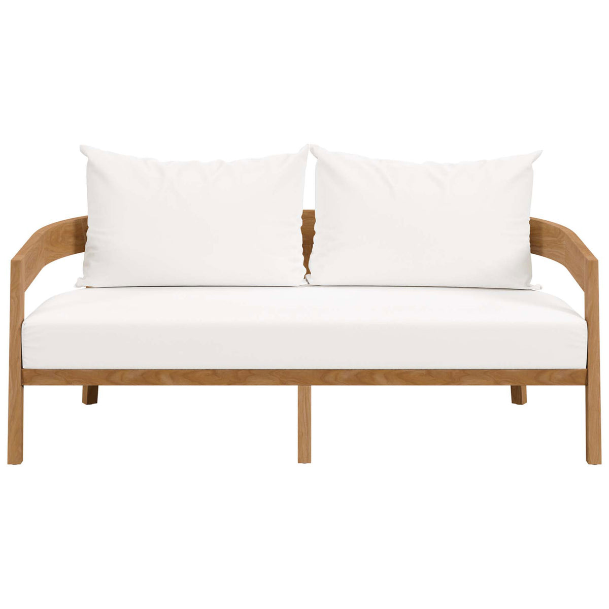 Brisbane teak outdoor loveseat with crisp white cushions for a fresh, coastal-inspired patio || EEI-5601-NAT-WHI || front_studio