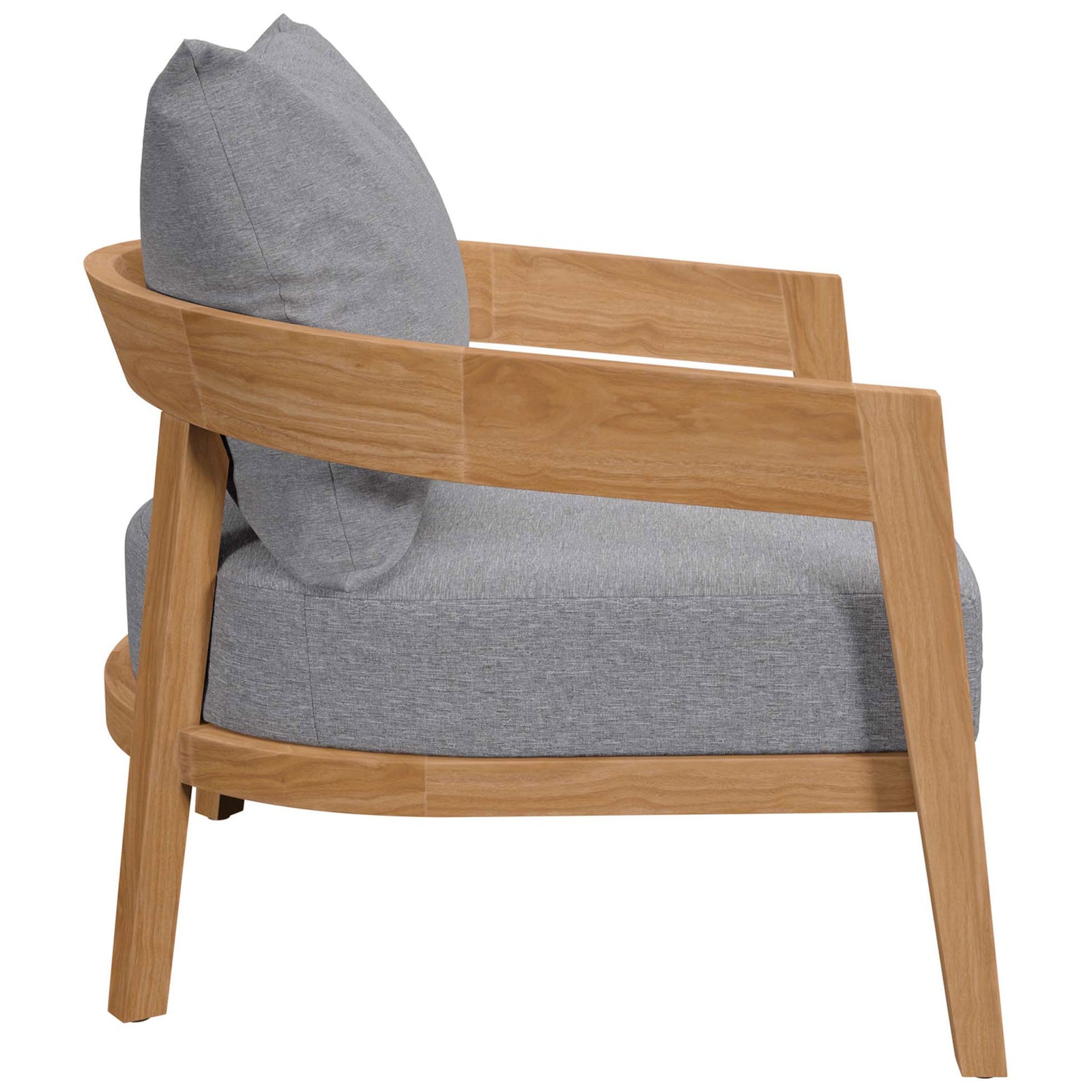 Brisbane teak patio armchair with sculpted frame and thick gray seat cushion || EEI-5602-NAT-GRY || side_studio