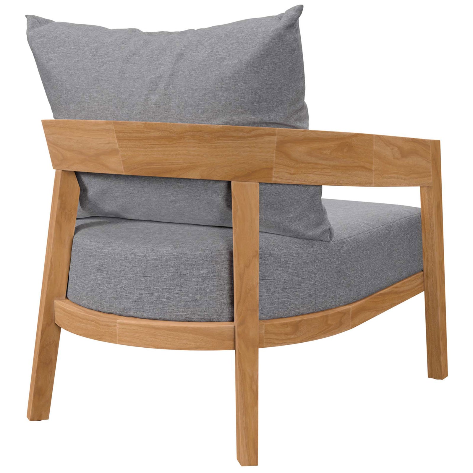 Gray cushioned teak armchair with curved wraparound backrest and tapered legs || EEI-5602-NAT-GRY || back_angle_studio