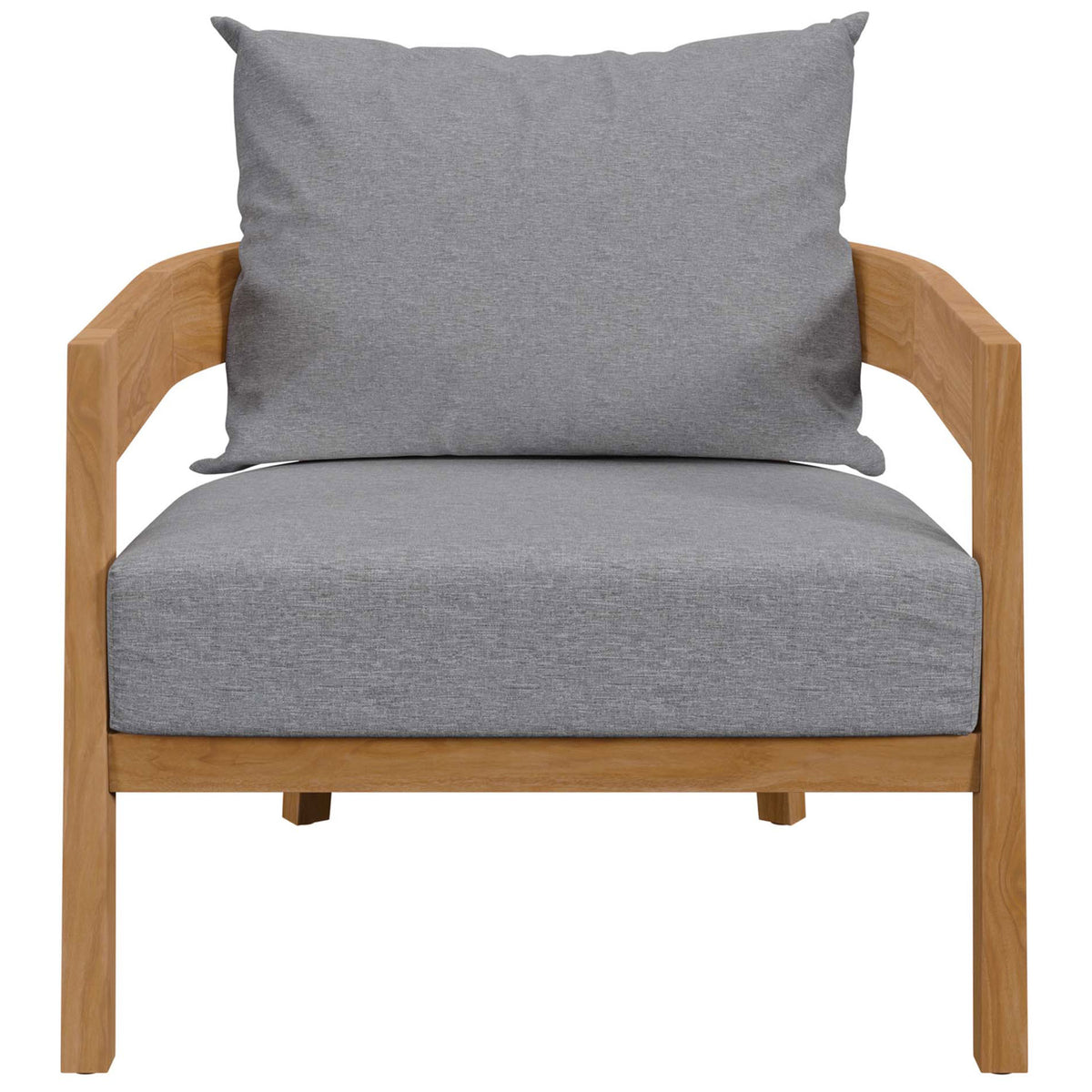Natural teak outdoor armchair with deep gray cushions and wide supportive arms || EEI-5602-NAT-GRY || front_studio