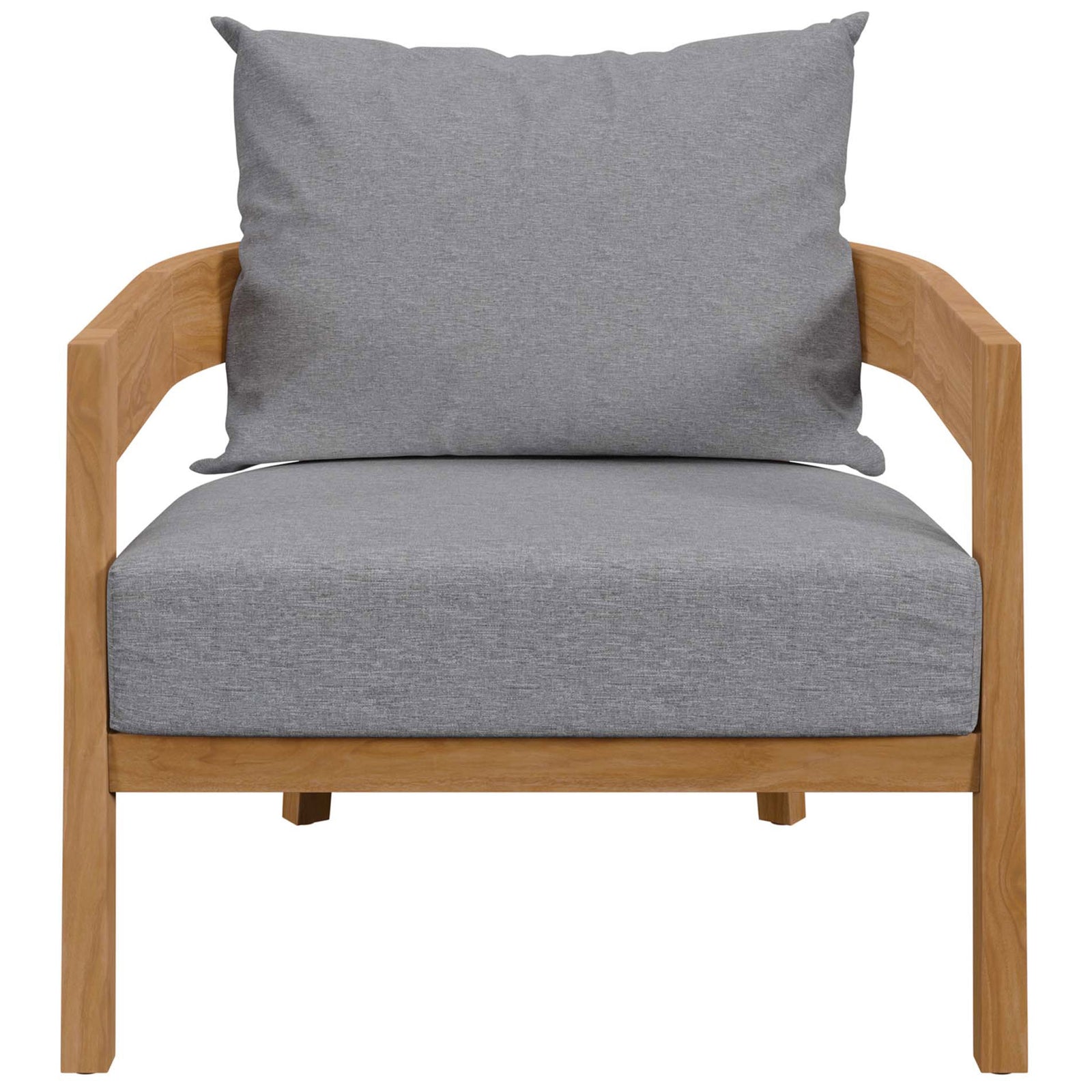 Natural teak outdoor armchair with deep gray cushions and wide supportive arms || EEI-5602-NAT-GRY || front_studio