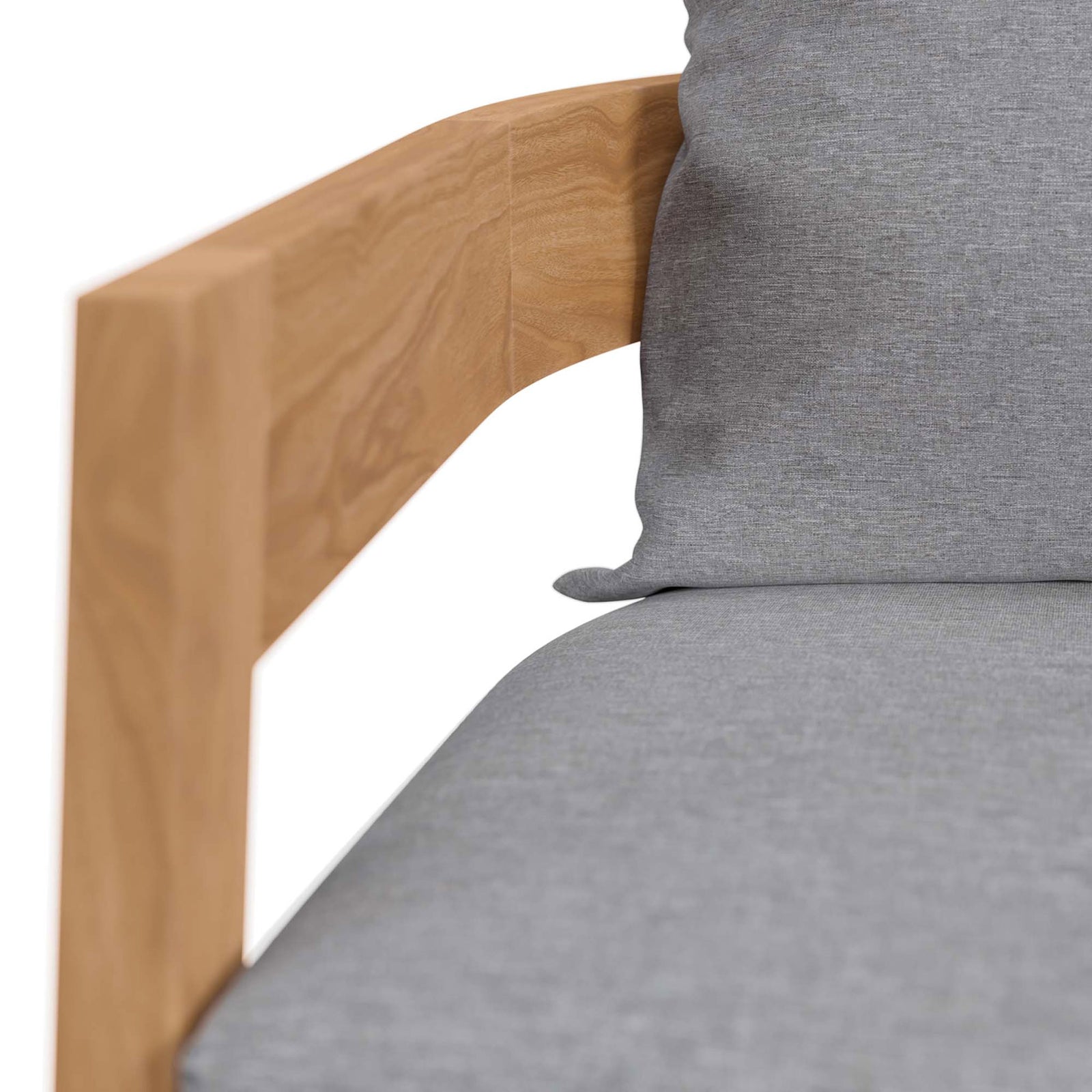 Smooth teak armrest and soft gray upholstery highlighting refined texture and craftsmanship || EEI-5602-NAT-GRY || detail_studio