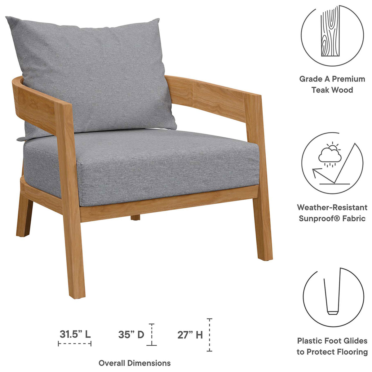 Teak patio armchair with feature icons for premium wood, weather resistant fabric, and plastic foot glides || EEI-5602-NAT-GRY || dimension_studio