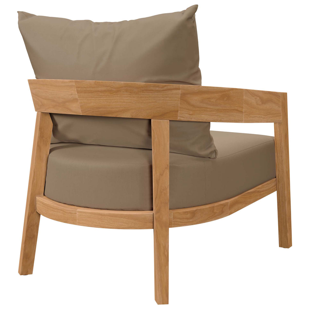 Light brown cushioned teak armchair featuring curved wraparound backrest and angled back legs || EEI-5602-NAT-LBR || back_angle_studio
