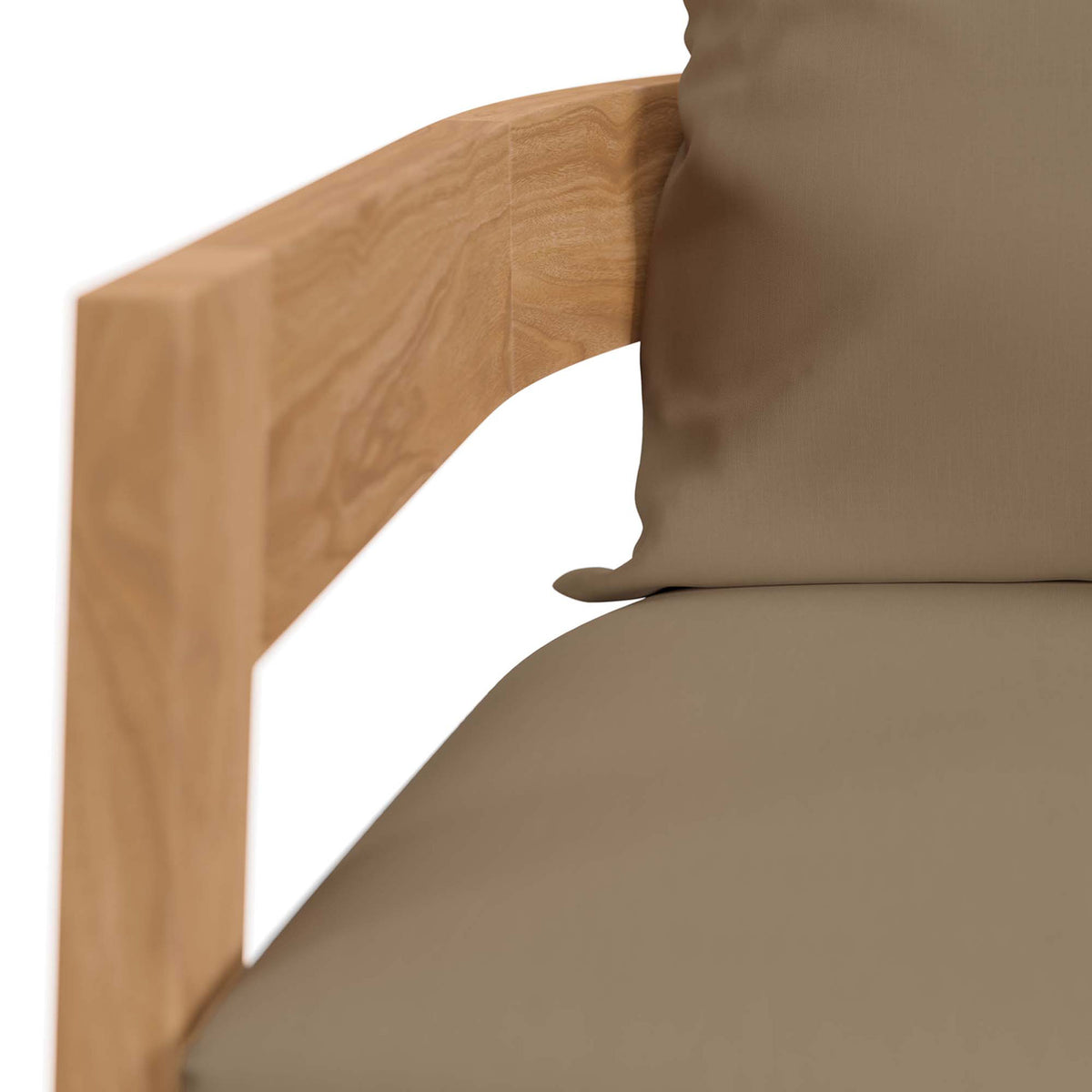 Teak armrest and smooth light brown cushion fabric emphasizing clean lines and durable outdoor materials || EEI-5602-NAT-LBR || detail_studio