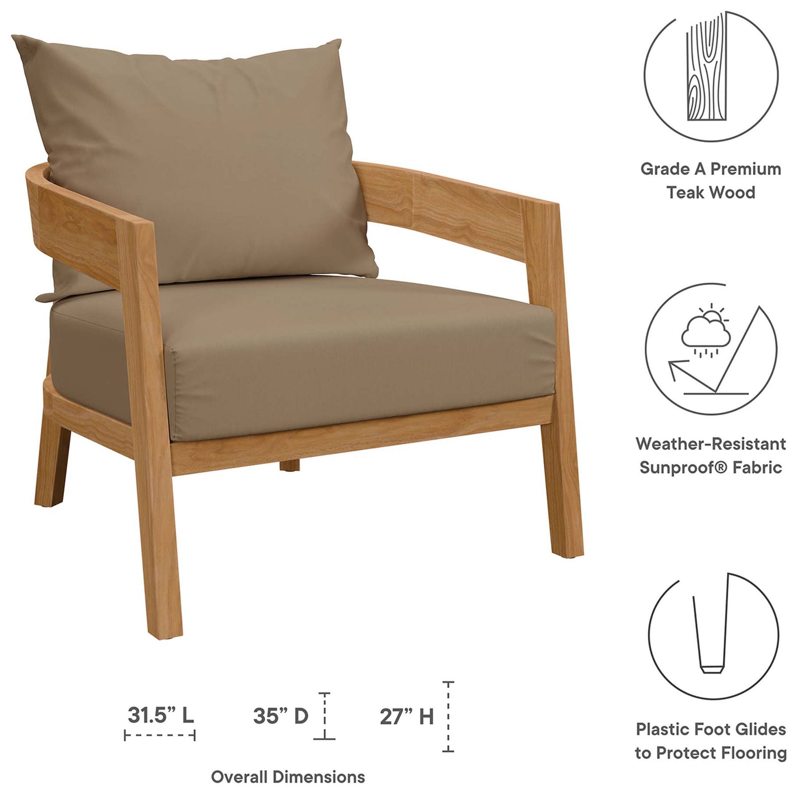 Teak armchair with graphic icons highlighting premium wood, weather resistant cushions, and protective foot glides || EEI-5602-NAT-LBR || dimension_studio