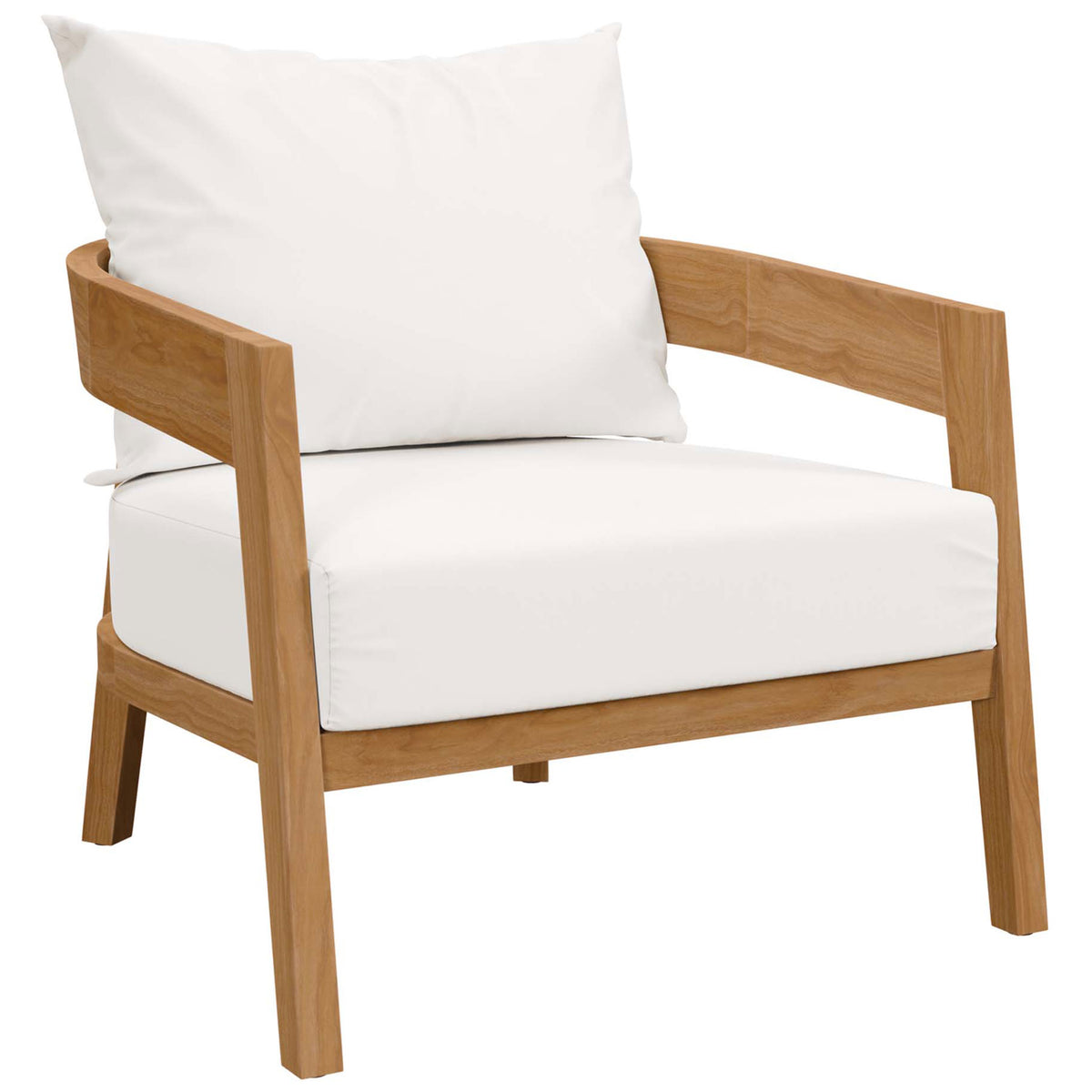 Natural teak outdoor armchair with crisp white cushions creating a fresh modern patio look || EEI-5602-NAT-WHI || front_angle_studio