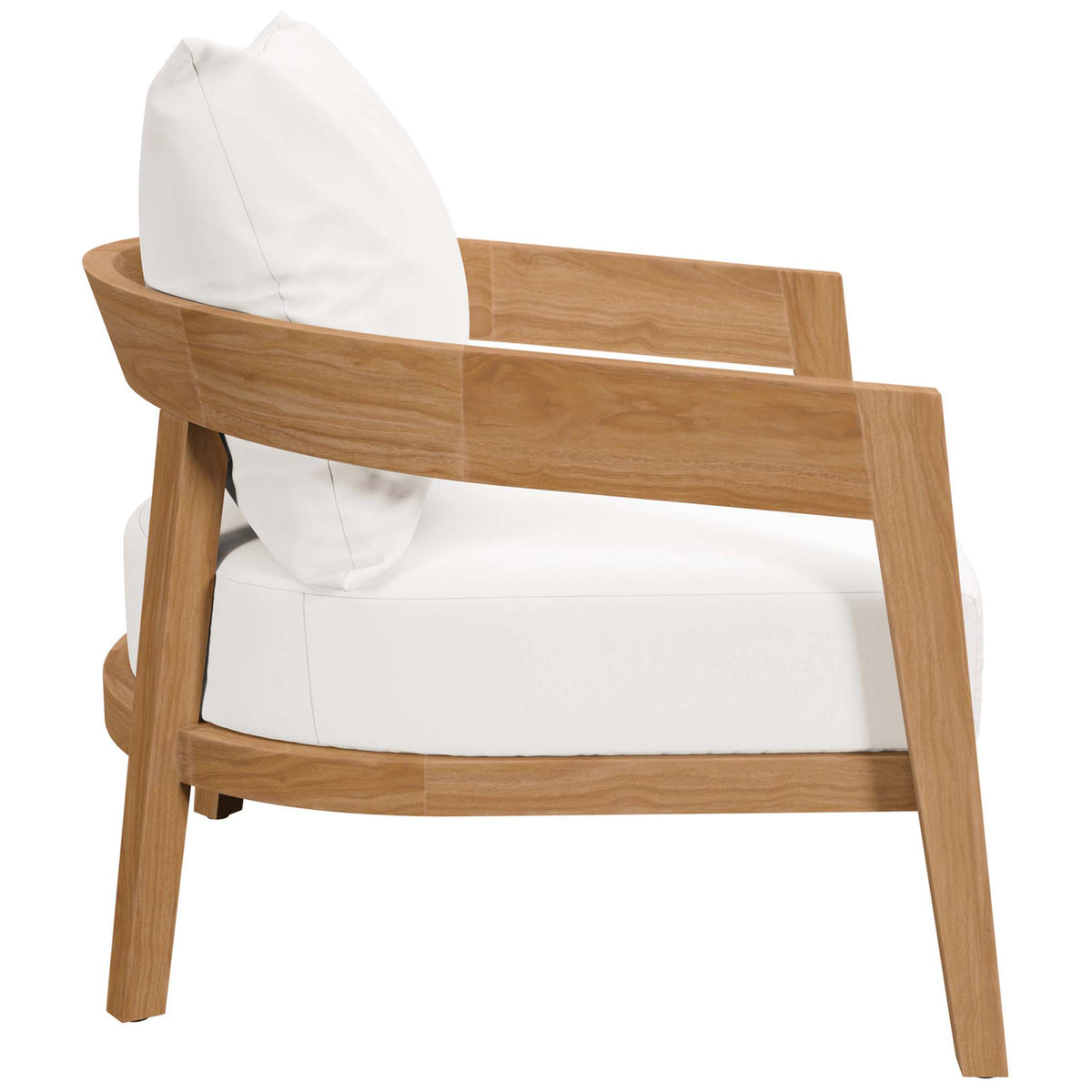 Brisbane teak patio armchair with curved side rail and thick white seat cushion for supportive comfort || EEI-5602-NAT-WHI || side_studio