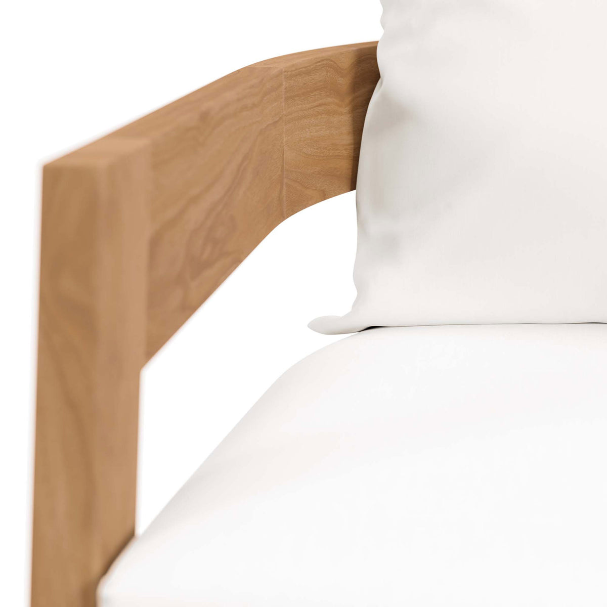 Teak arm and smooth white upholstery highlighting refined wood grain and neatly tailored seams || EEI-5602-NAT-WHI || detail_studio