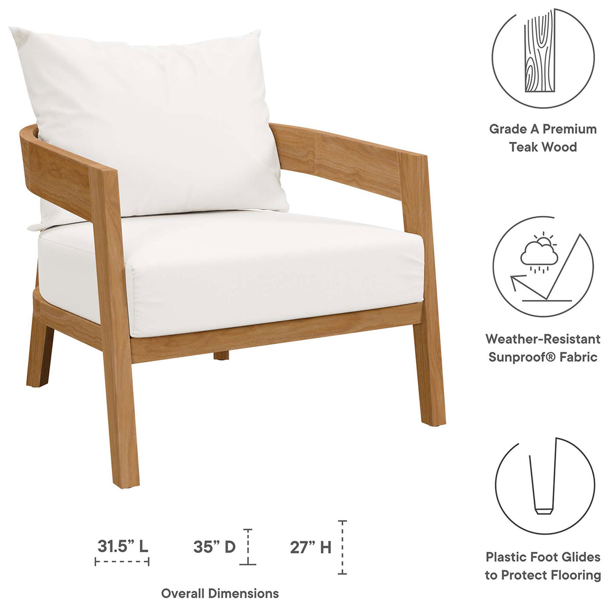 Teak armchair with diagram calling out Grade A wood, weather resistant fabric, and plastic floor glides || EEI-5602-NAT-WHI || dimension_studio