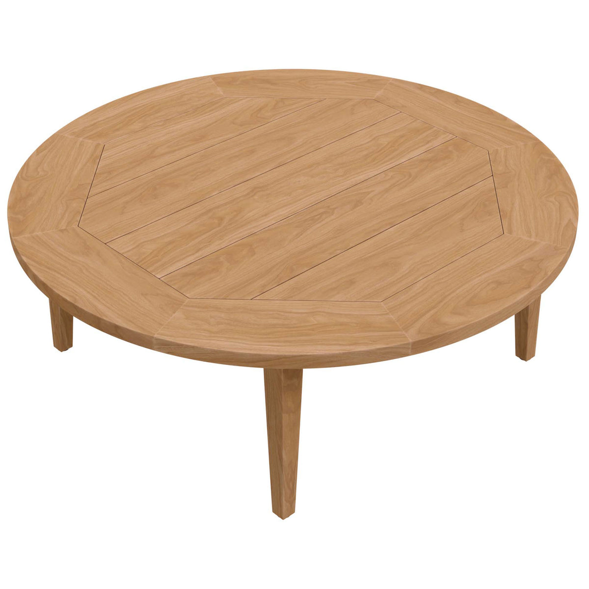 Expansive round teak tabletop with plank pattern and warm natural wood grain || EEI-5603-NAT || top_angle_studio