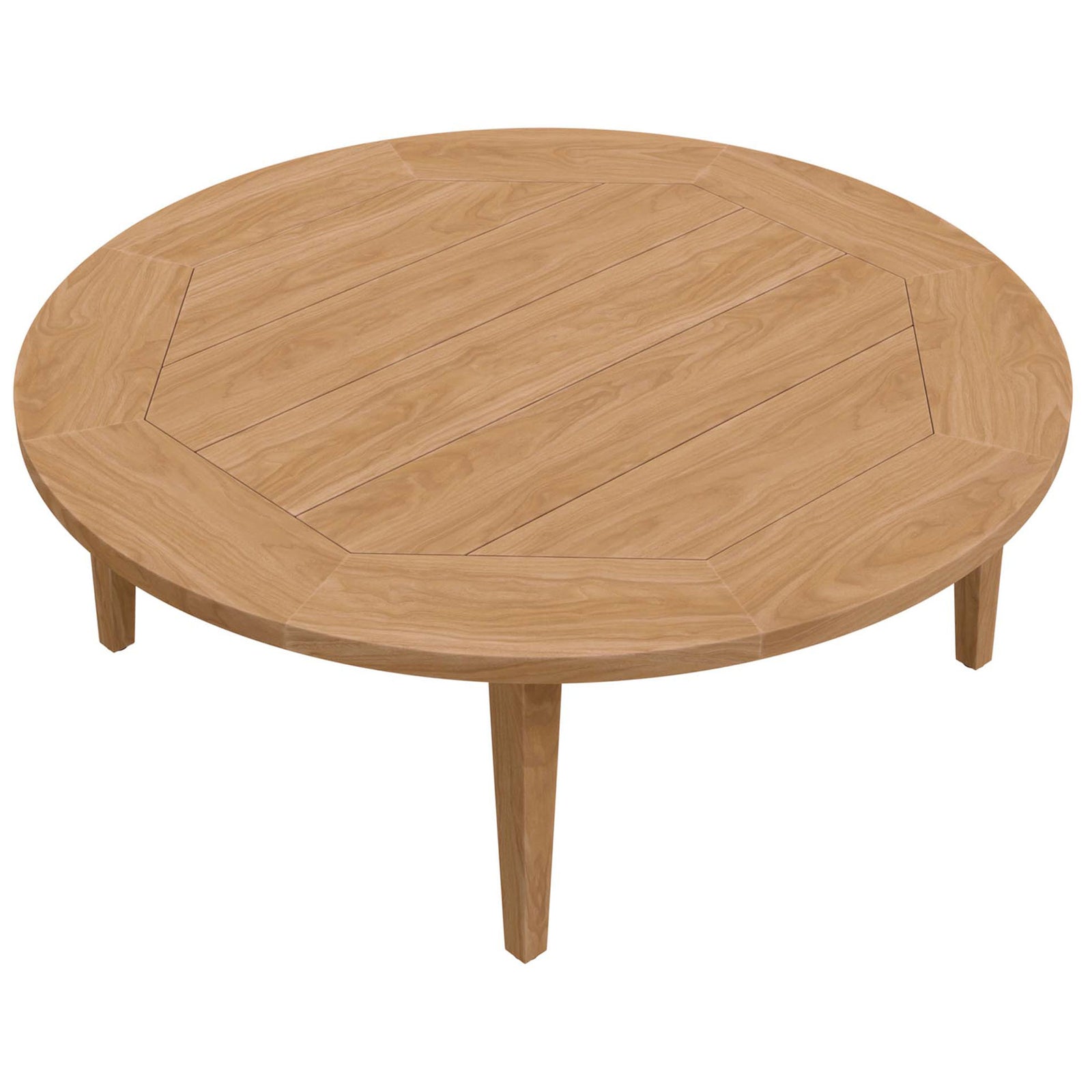 Expansive round teak tabletop with plank pattern and warm natural wood grain || EEI-5603-NAT || top_angle_studio