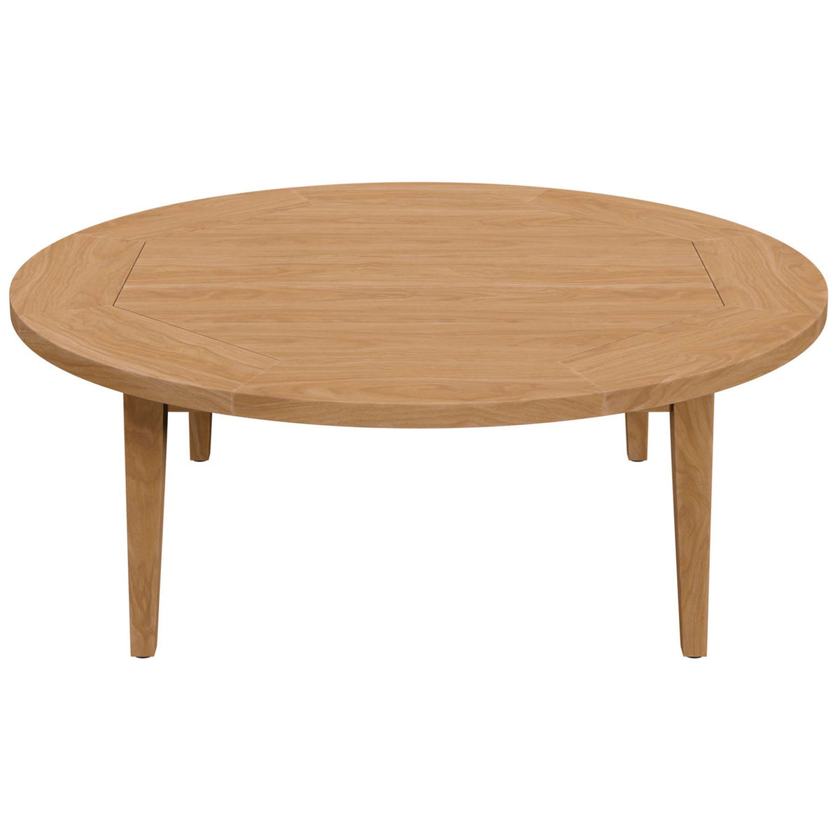Low-profile round teak coffee table offering generous surface for outdoor lounging || EEI-5603-NAT || front_studio