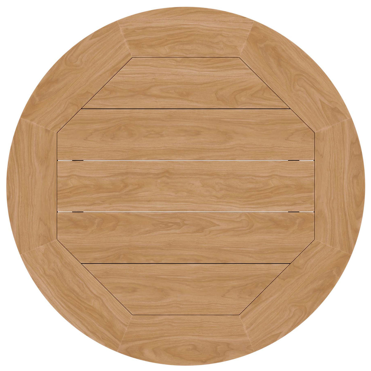 Circular slatted teak tabletop highlighting the geometric inlay design and smooth finish || EEI-5603-NAT || top_studio