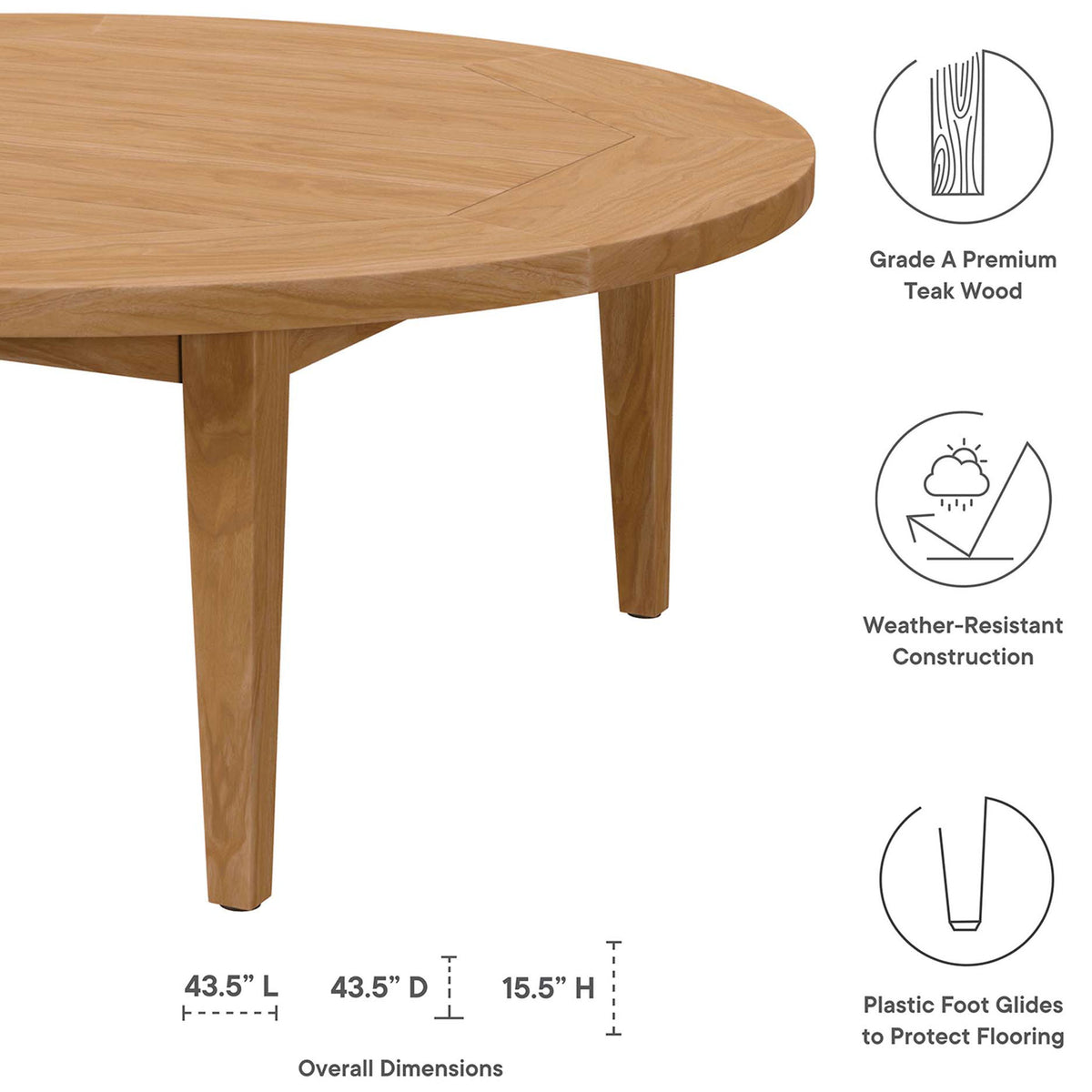 Teak outdoor coffee table with icons showing premium wood, weather resistance, and dimensions || EEI-5603-NAT || dimension_studio