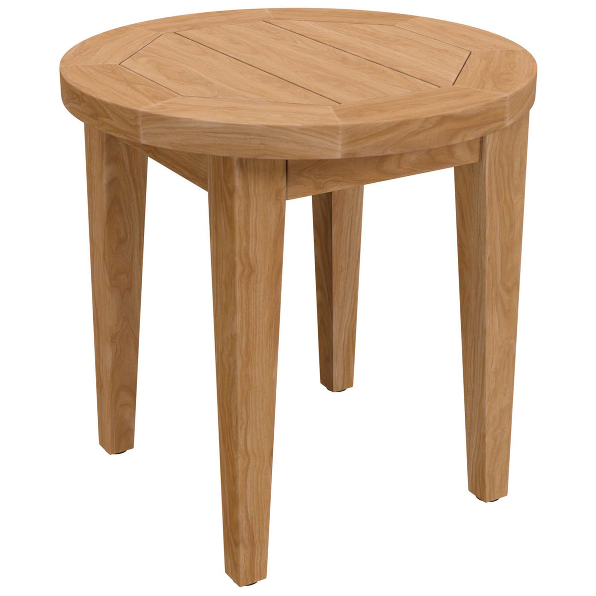 Round natural teak outdoor side table with slatted top and sturdy tapered legs || EEI-5604-NAT || front_angle_studio