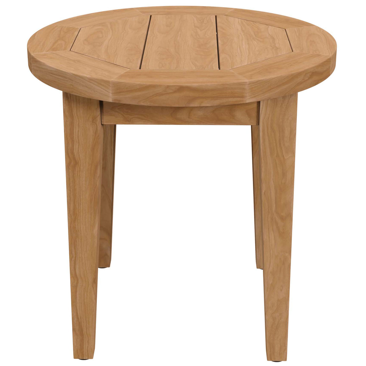 Compact round patio side table with clean apron and four thick legs in a warm natural teak finish || EEI-5604-NAT || front_studio