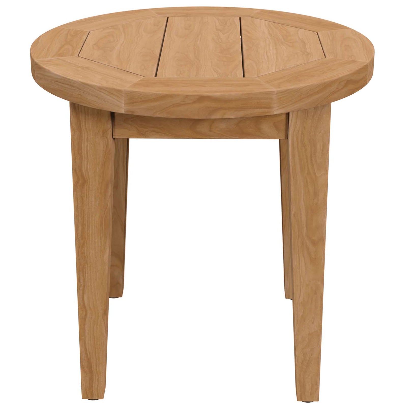 Compact round patio side table with clean apron and four thick legs in a warm natural teak finish || EEI-5604-NAT || front_studio