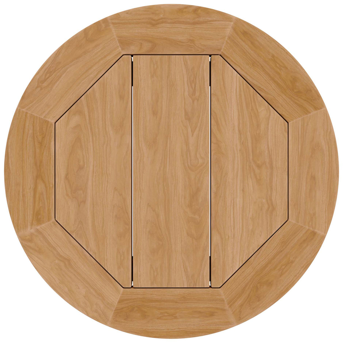 Circular teak side table top showcases rich wood grain and subtle plank spacing for quick drainage || EEI-5604-NAT || top_studio