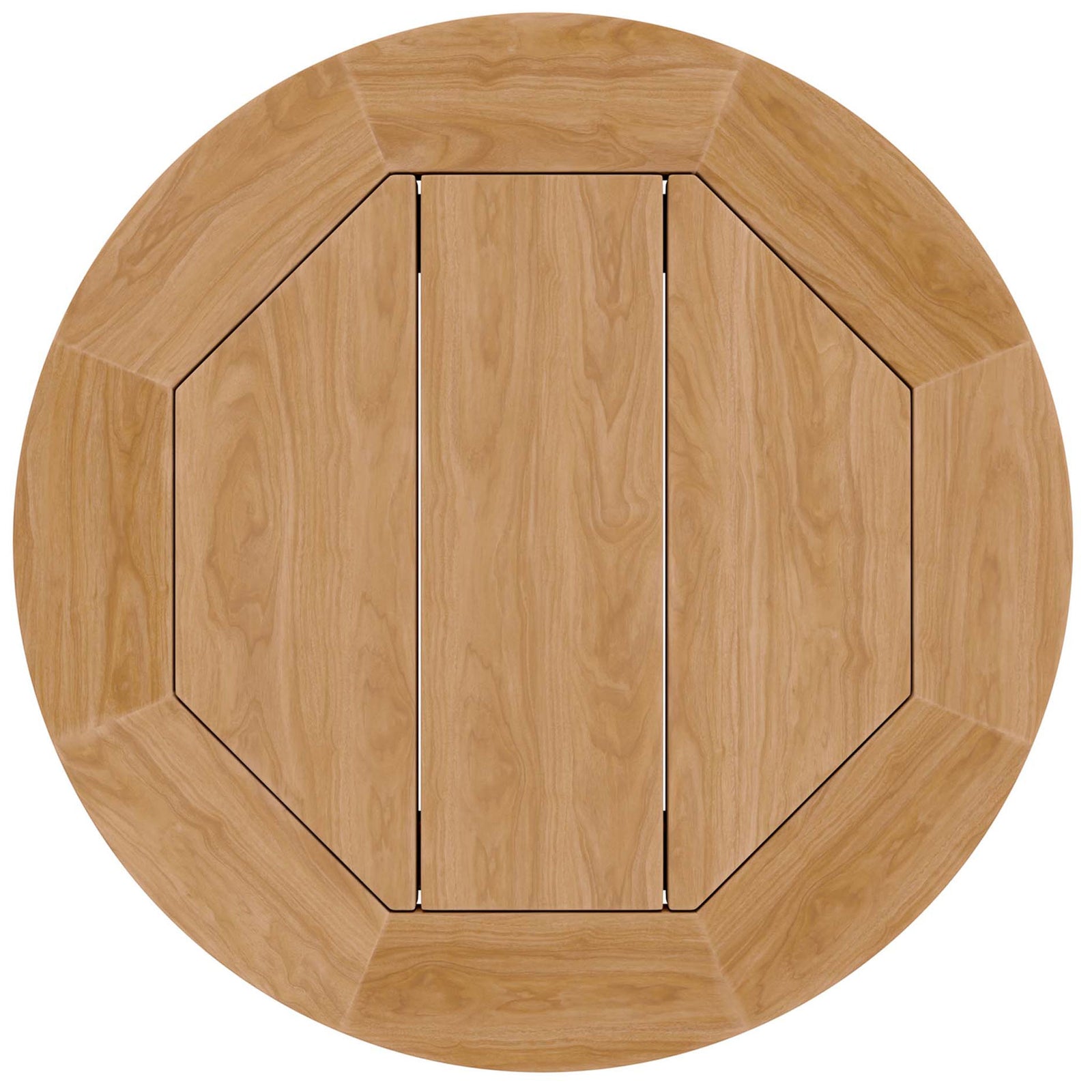 Circular teak side table top showcases rich wood grain and subtle plank spacing for quick drainage || EEI-5604-NAT || top_studio