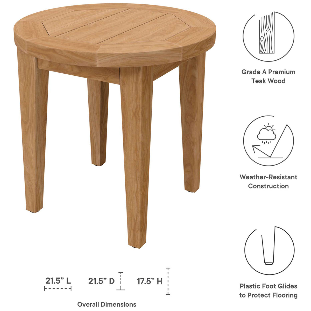 Teak outdoor side table with dimensions, weather resistance, and protective foot glides highlighted || EEI-5604-NAT || dimension_studio